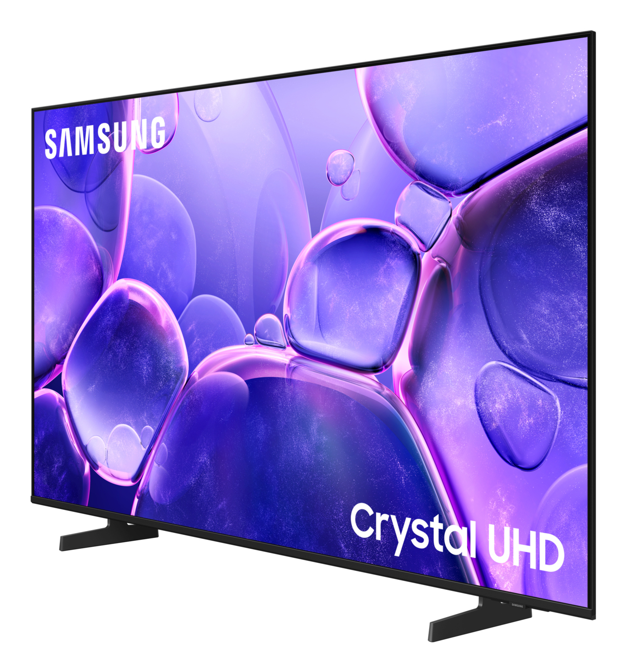 Telewizor Samsung Crystal UHD. Ekran wyświetla fioletowe kule. Telewizor jest czarny ze stojakiem. Widoczna jest nazwa marki.