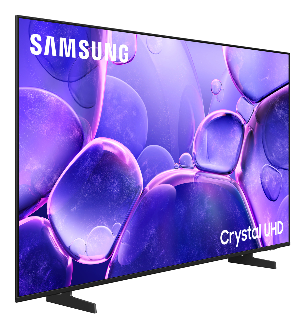 Telewizor Samsung Crystal UHD. Ekran wyświetla fioletowo-niebieski abstrakcyjny wzór z logo Samsung u góry.