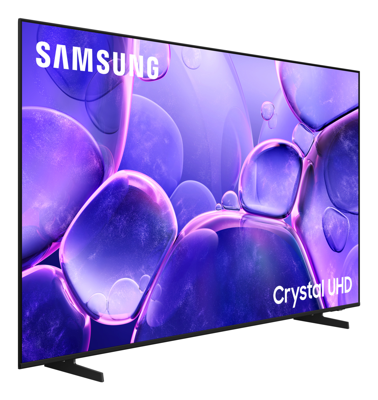 Telewizor Samsung Crystal UHD. Ekran wyświetla abstrakcyjne fioletowe i niebieskie kształty. Czarny stojak. Białe logo Samsung, tekst Crystal UHD.