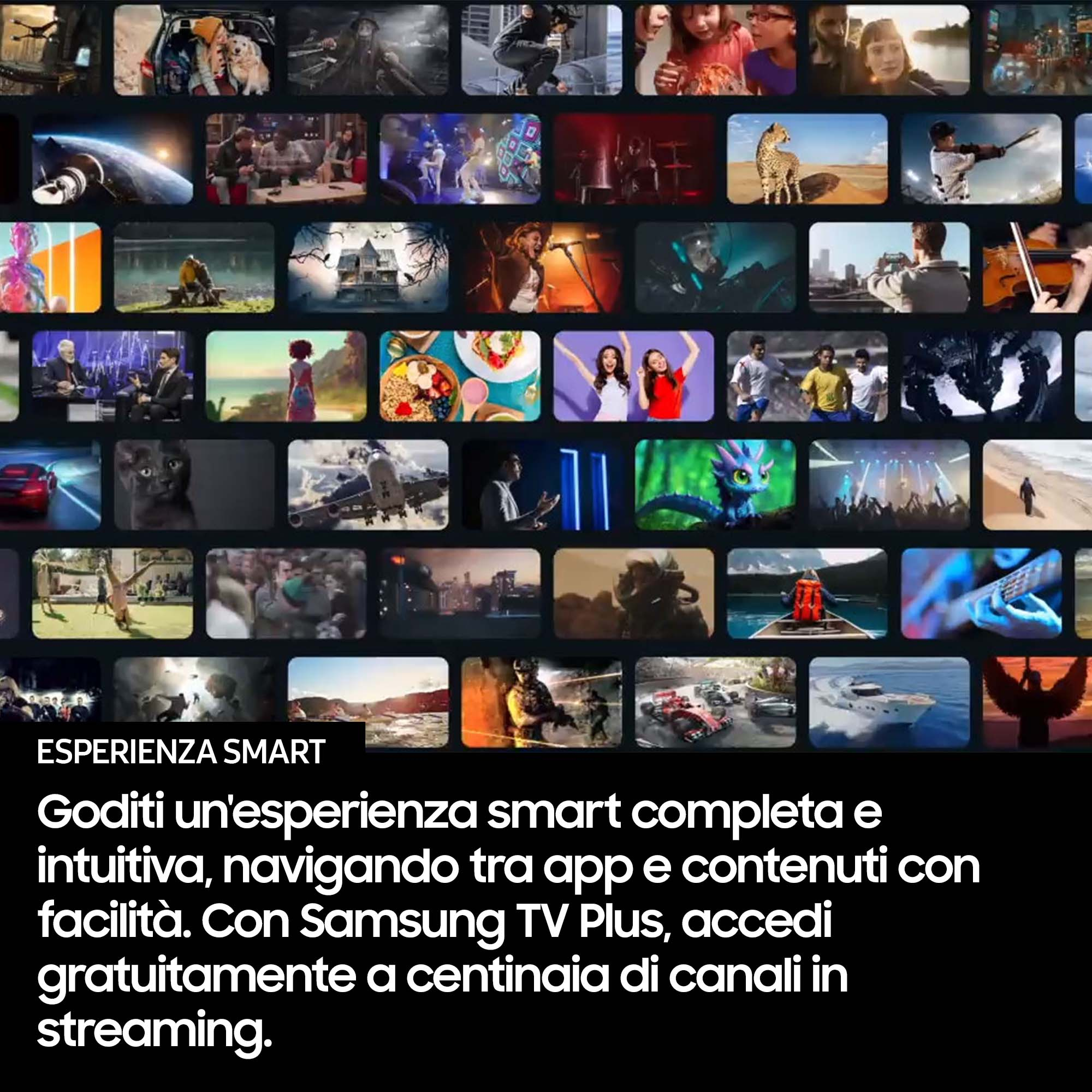 Une grille de petites images avec un contenu diversifié. Le texte indique 'Esperienza Smart' et décrit la navigation intuitive.