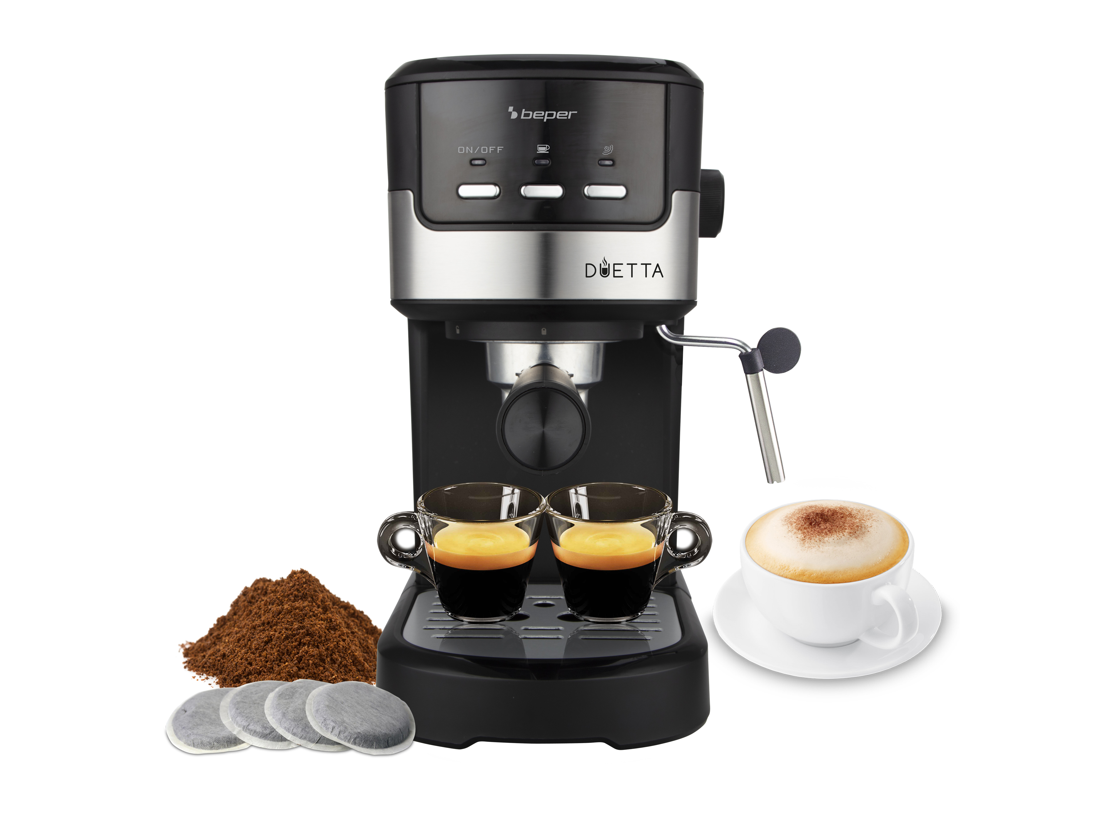 Macchina per caffè espresso con due espressi, caffè macinato, cialde e cappuccino. Sfondo bianco.