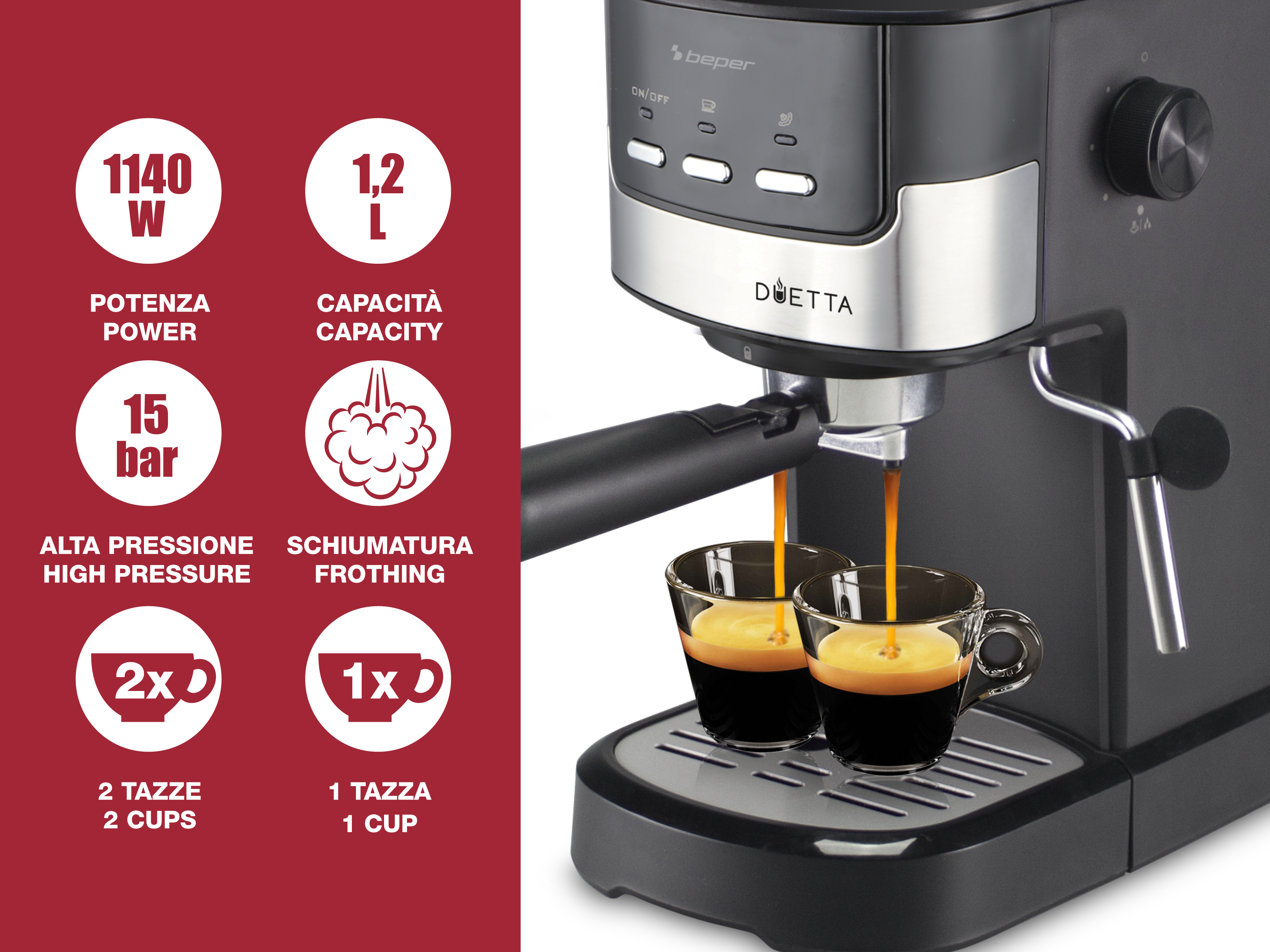 Una macchina per espresso che eroga caffè in due bicchieri di vetro. Include indicatori di potenza, capacità e alta pressione.