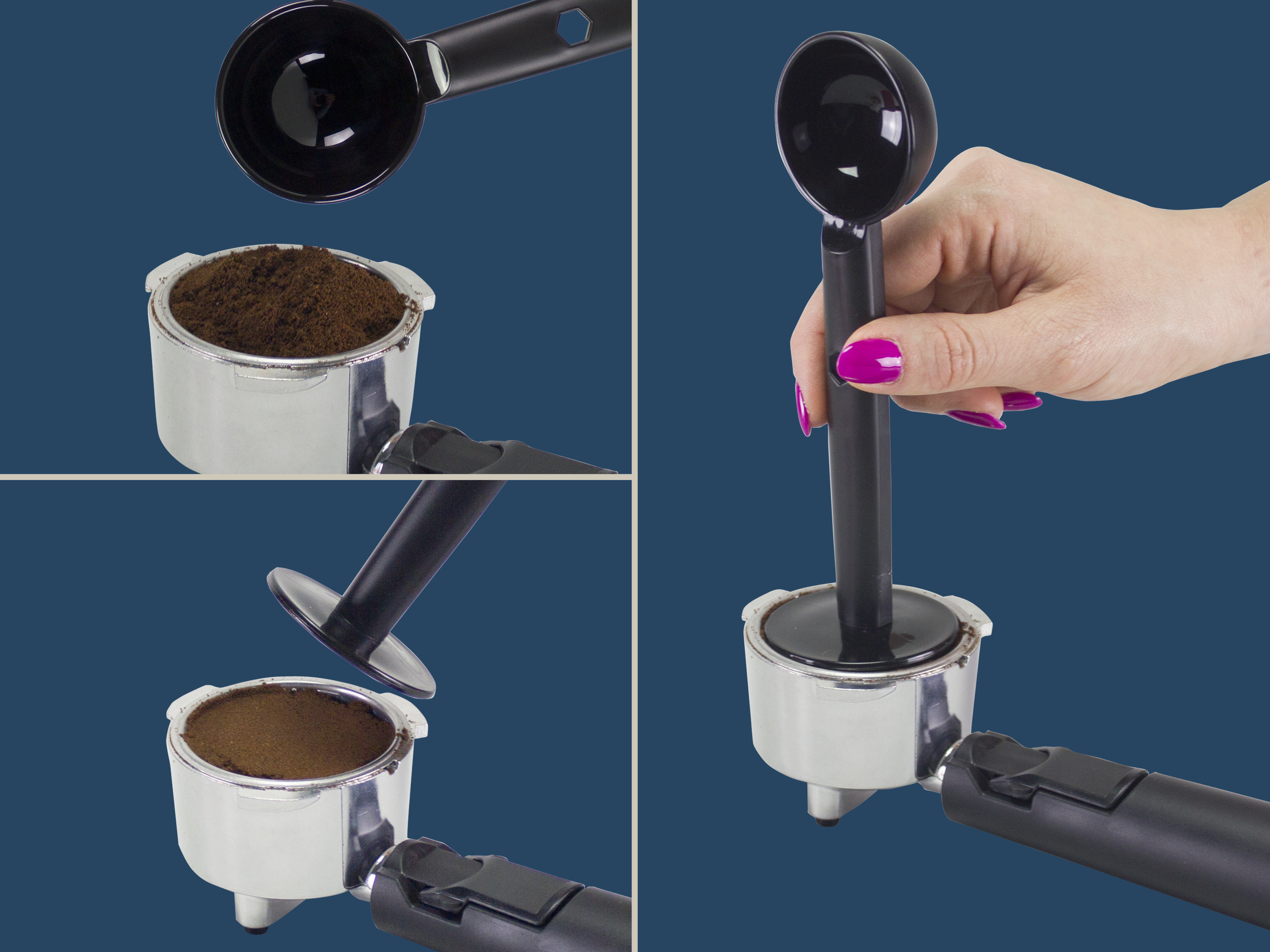 Una mano femminile tiene una pressa per caffè. La pressa è compatta e il portafiltro contiene caffè macinato. Sfondo blu.