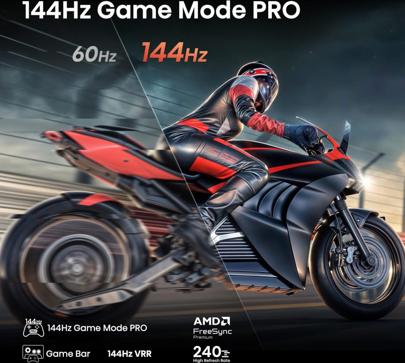 Osoba na czarno-czerwonym motocyklu z rozmytym tłem. Tekst zawiera '144Hz Game Mode PRO' i 'AMD FreeSync'.