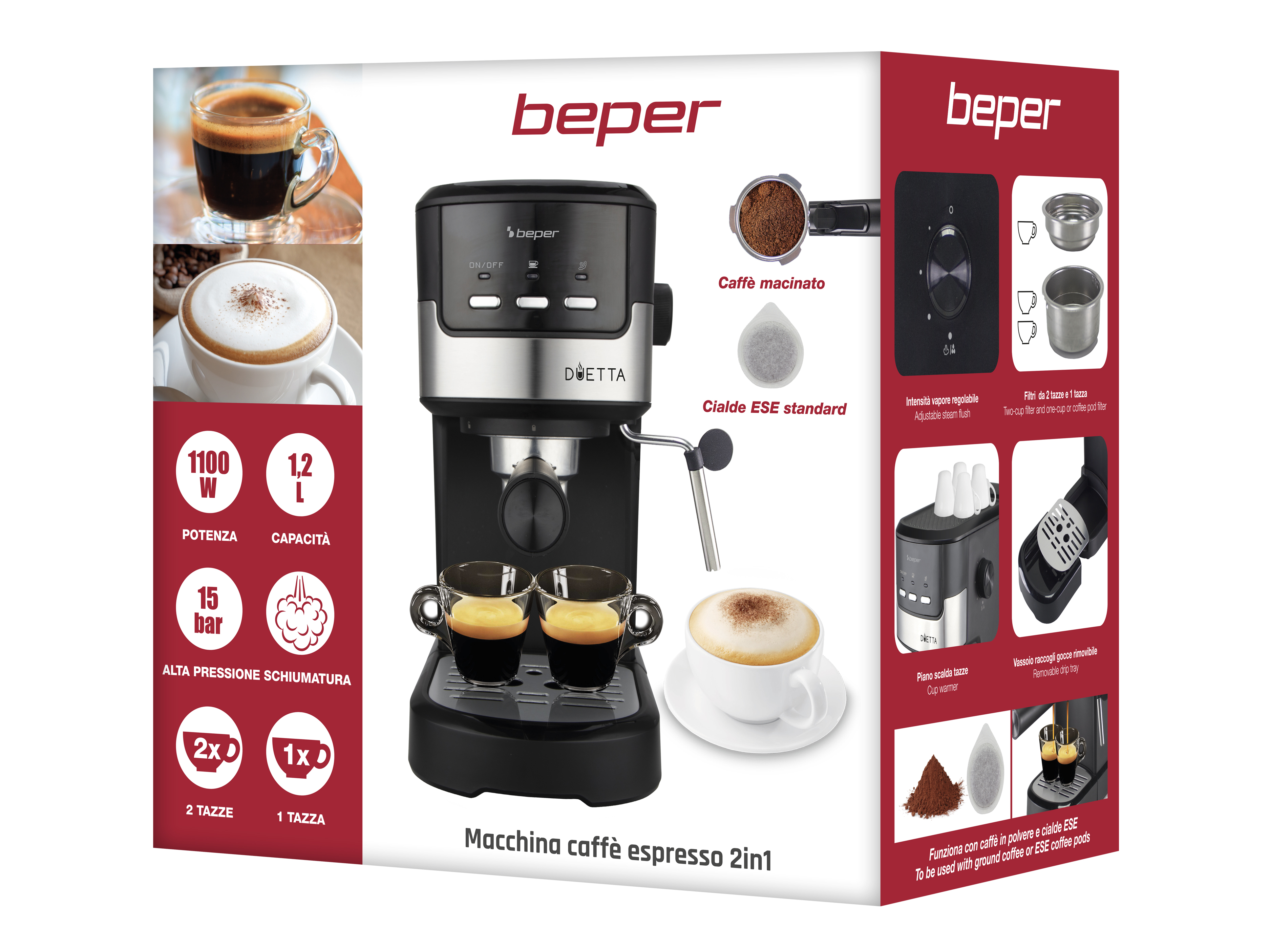 Una macchina per l'espresso con tazze di caffè, cialde e testo. La macchina è nera e argento. Vengono mostrate delle tazze di caffè.