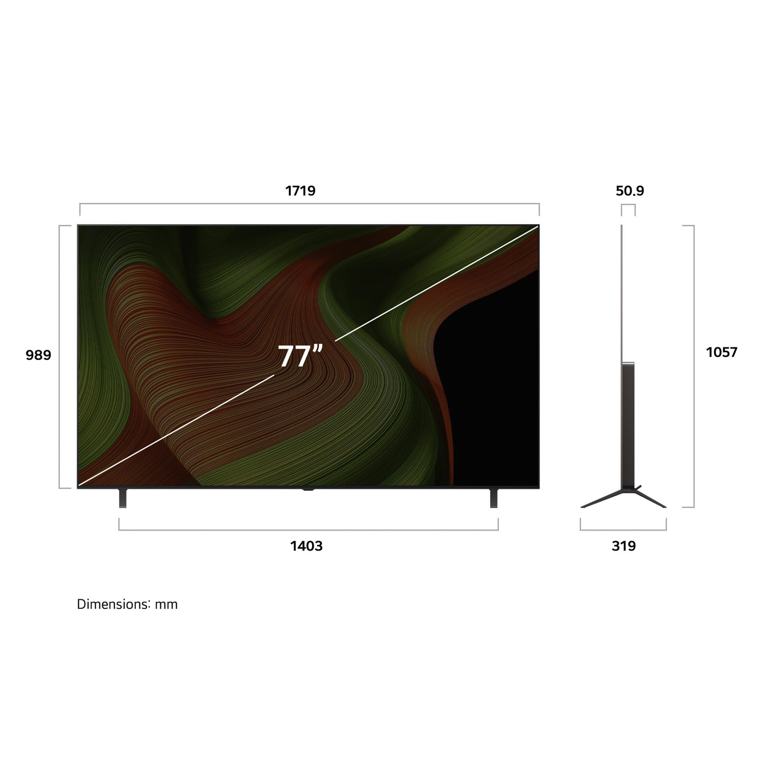 Un téléviseur de 77 pouces avec des dimensions indiquées. L'écran affiche un motif abstrait vert et marron. Dimensions en mm.