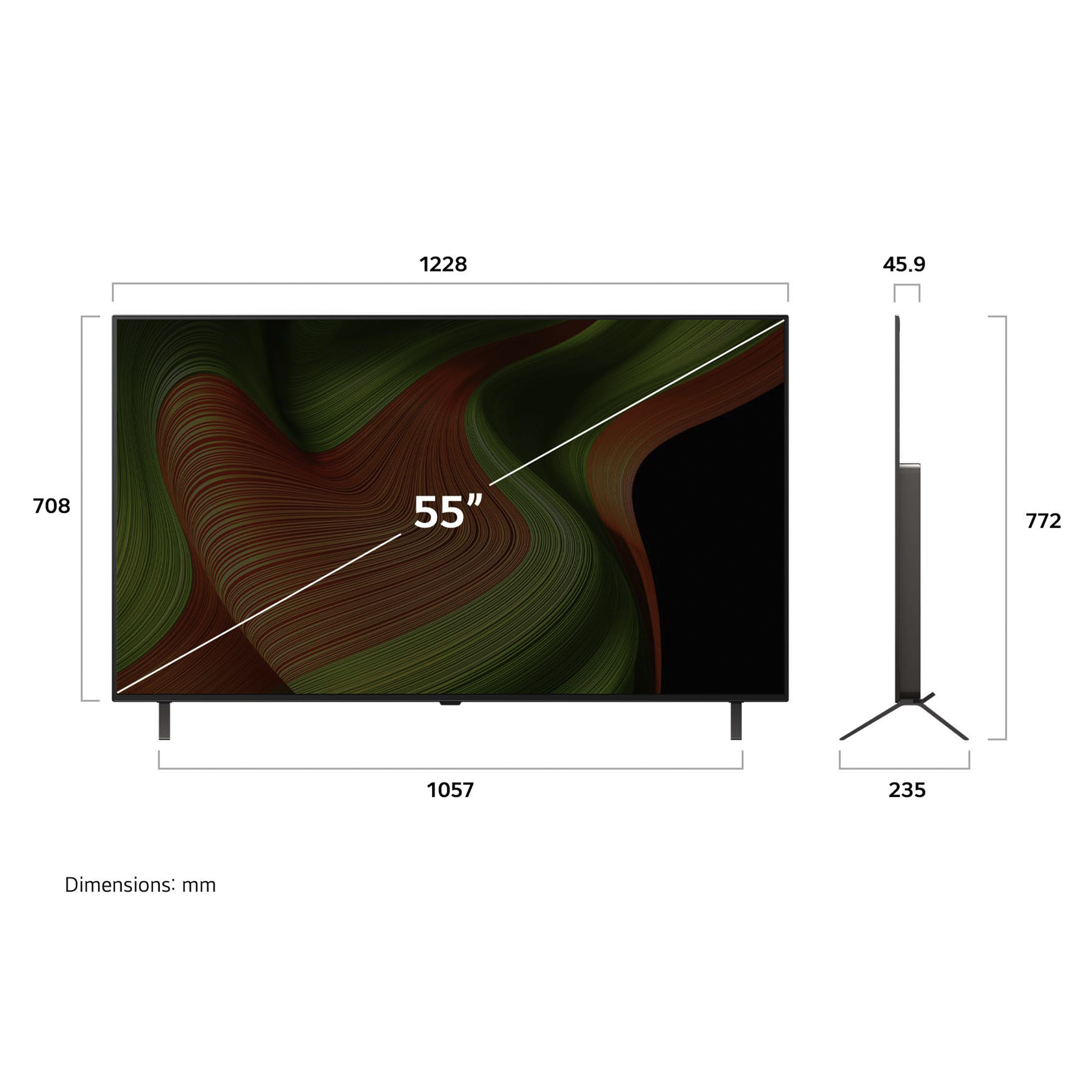 Un televisore da 55 pollici con dettagli dimensionali. Lo schermo ha un design a spirale. Le dimensioni sono in mm.