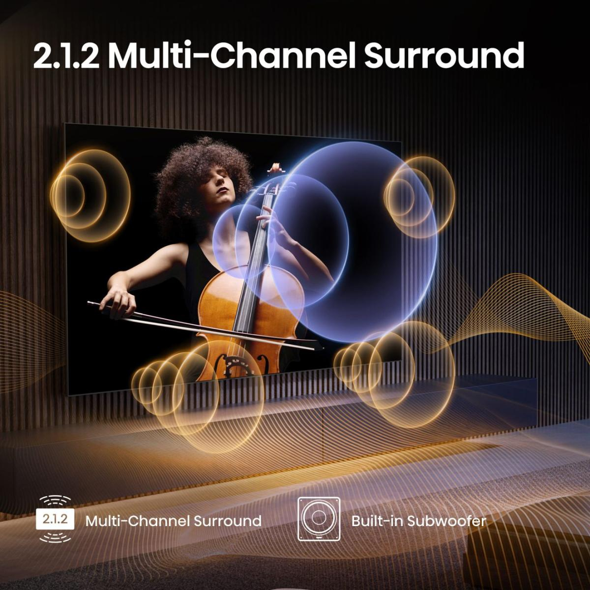 Obraz przedstawia wiolonczelistę grającego z grafiką fal dźwiękowych. Tekst brzmi 2.1.2 Multi-Channel Surround i wbudowany subwoofer.