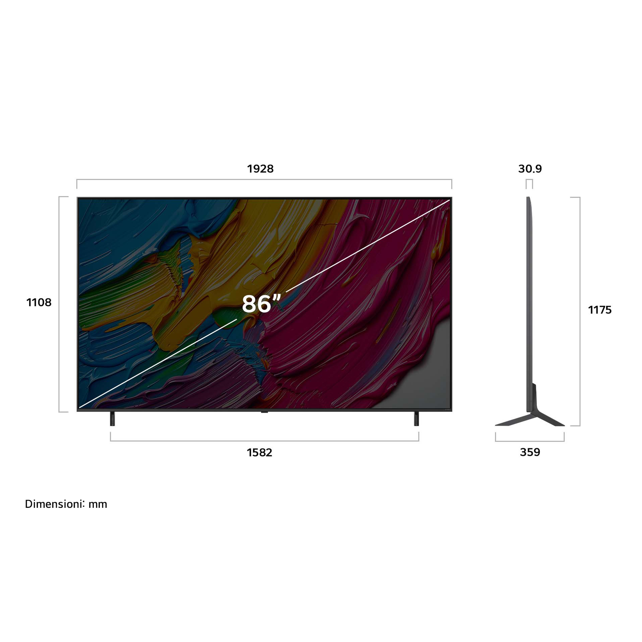 Un televisore da 86 pollici mostra arte astratta colorata. Sono indicate le dimensioni in mm. Il televisore è su un supporto.
