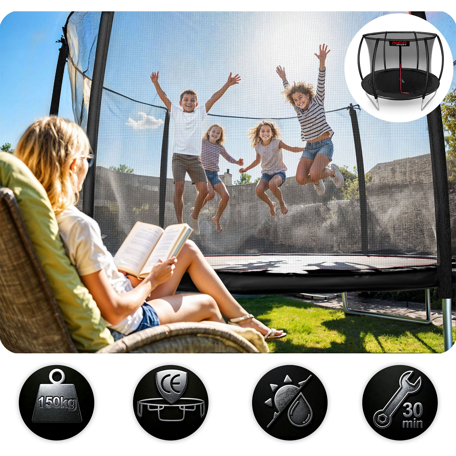 Kobieta czyta książkę, podczas gdy dzieci skaczą na trampolinie. Ikony pokazują udźwig, znak CE, ochronę przeciwsłoneczną i czas montażu.