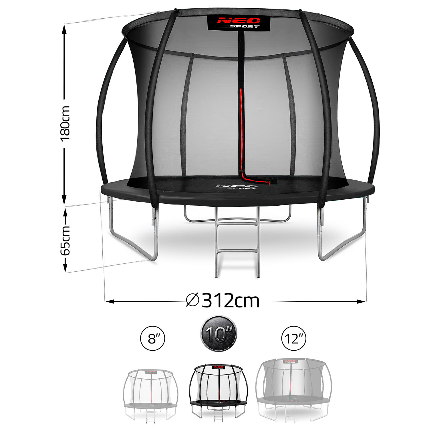 Czarna trampolina NEO Sport z siatką ochronną i drabinką. Wymiary: wysokość 180 cm, podstawa 65 cm i średnica 312 cm.