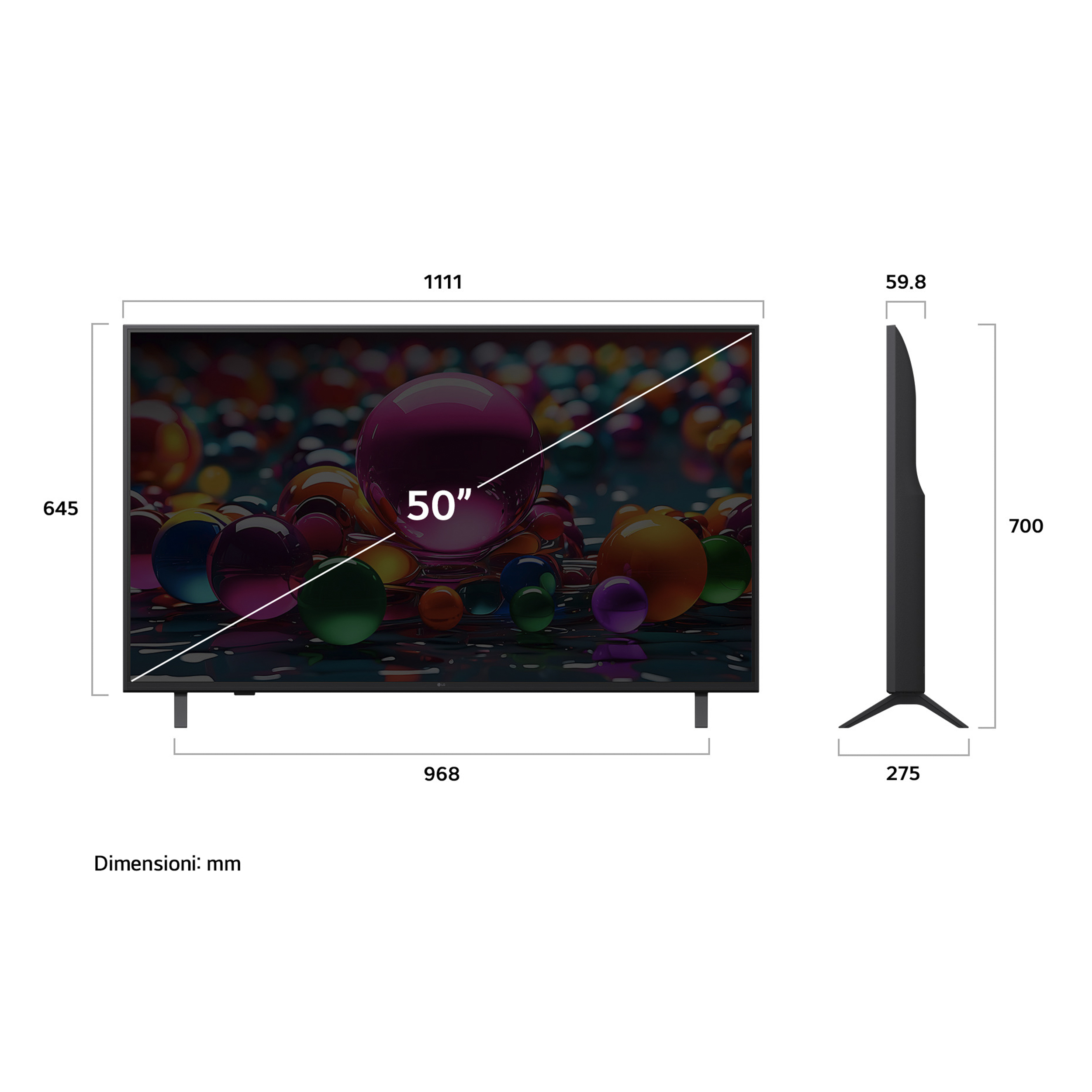 Un televisore da 50 pollici con sfere colorate sullo schermo. Le dimensioni sono indicate in mm.