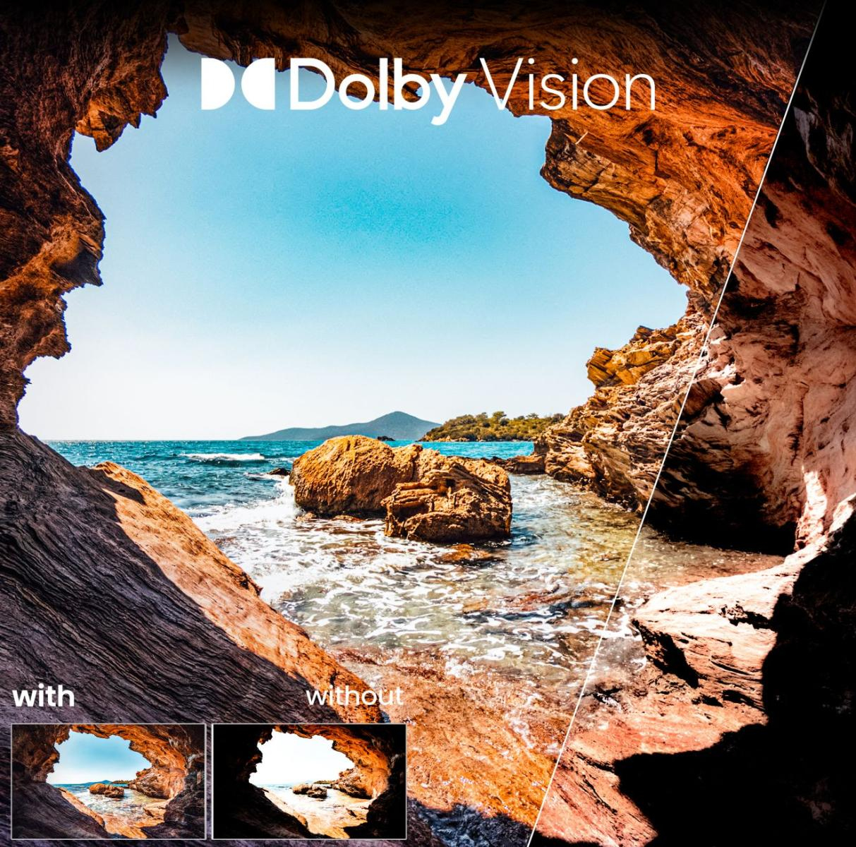 Jaskinia na wybrzeżu otwiera się na widok na morze. Niebo jest niebieskie, woda turkusowa, a skały brązowe. Logo: Dolby Vision.