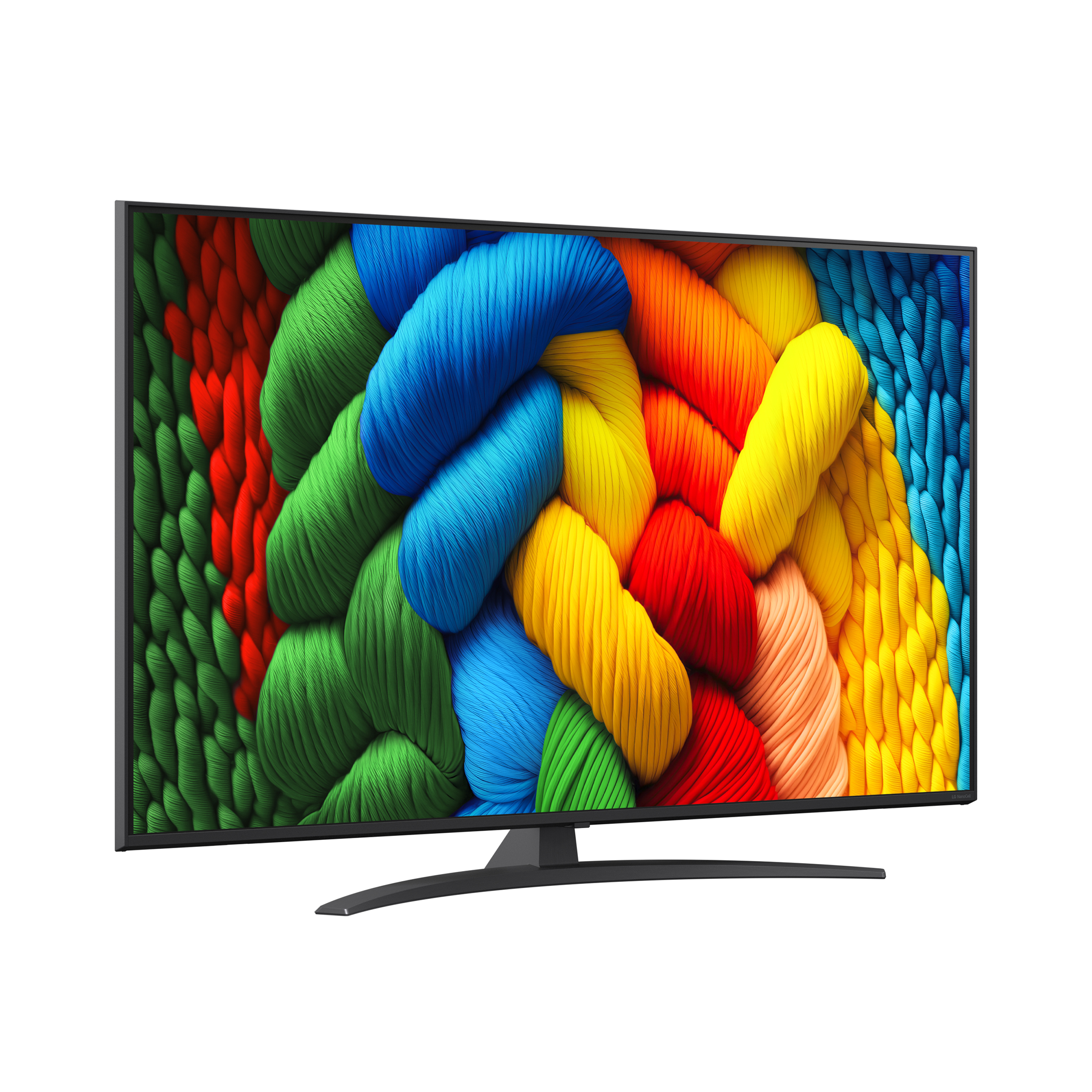 Un televisore mostra fili colorati e intrecciati in rosso, arancione, giallo, blu e verde. Il televisore è su sfondo bianco.