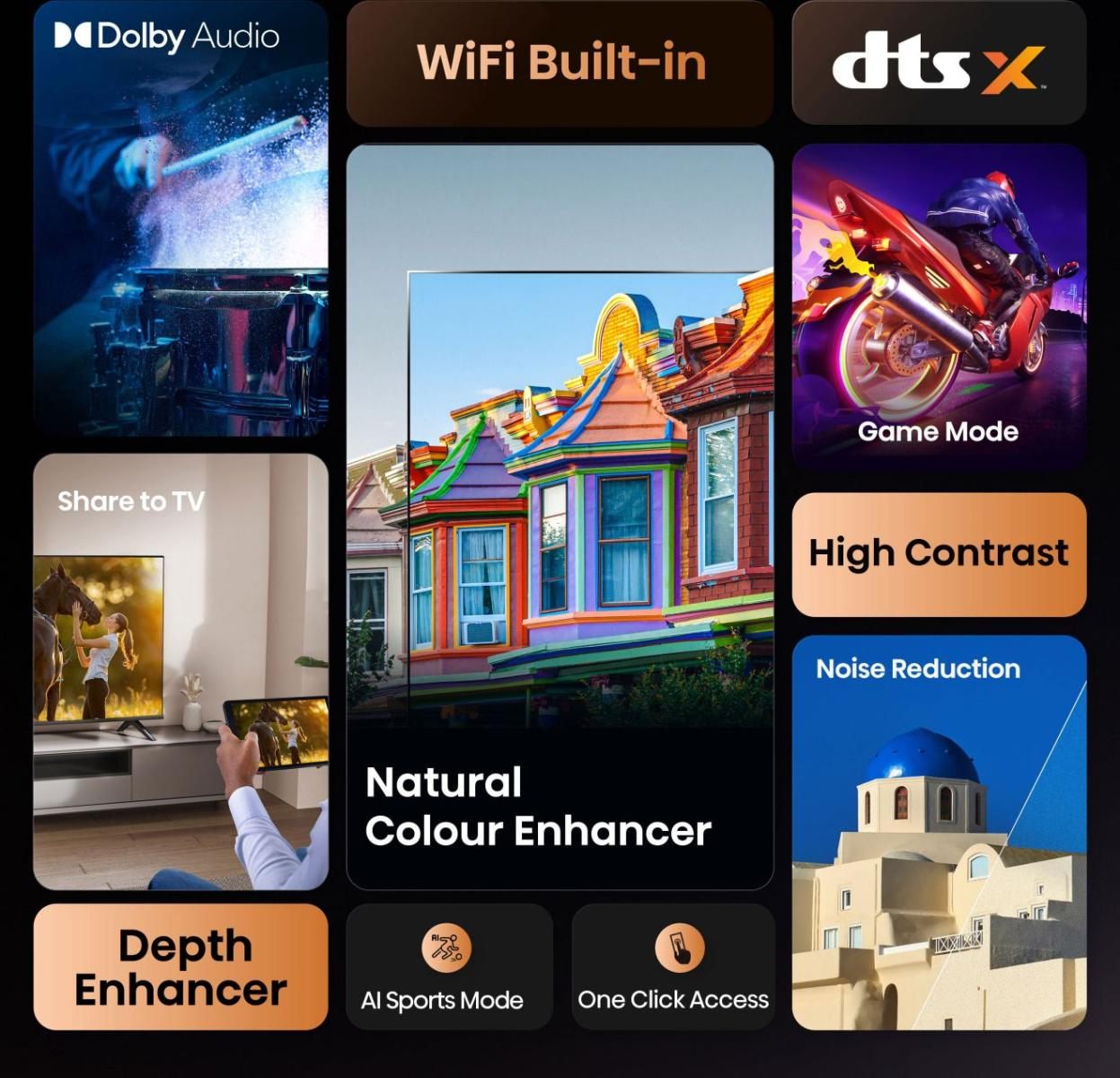 Ekran telewizora wyświetla funkcje: Dolby Audio, WiFi, DTS, Udostępnij na TV, Natural Color Enhancer, Depth Enhancer, tryb sportowy AI i dostęp jednym kliknięciem.