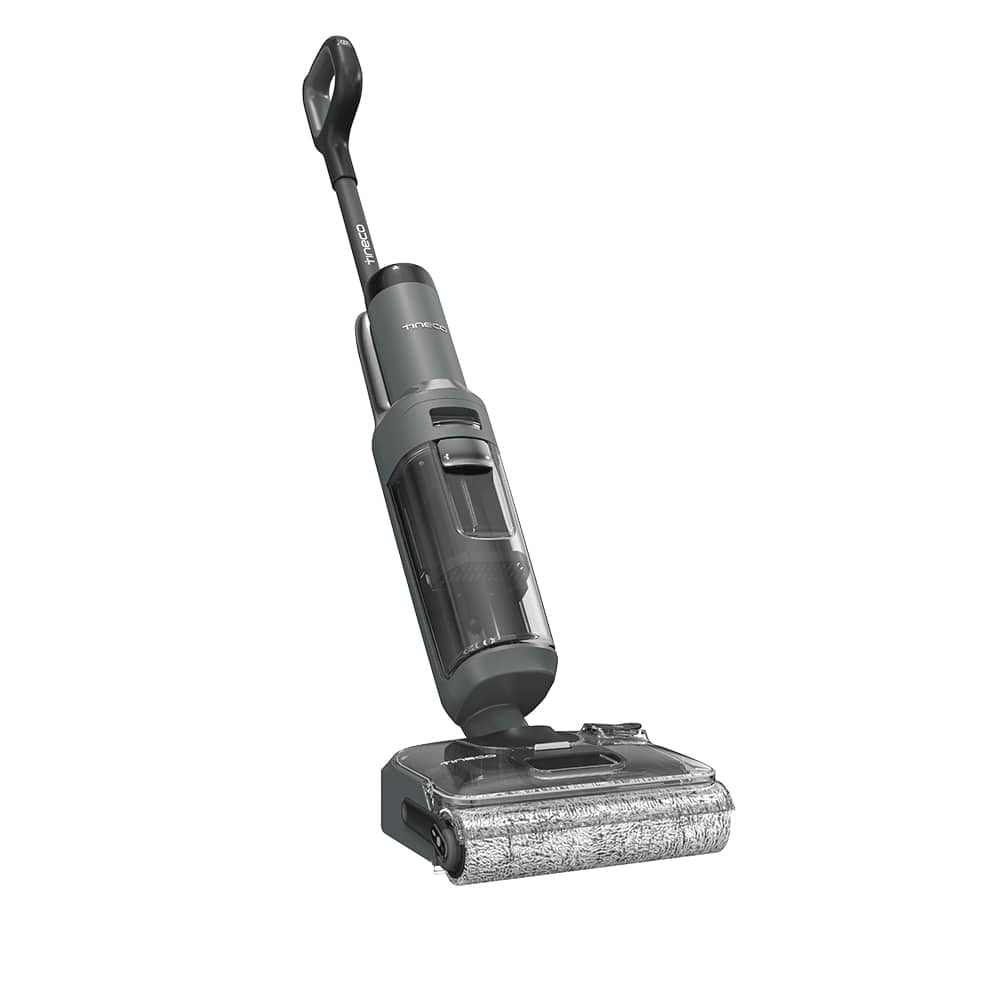 Szary i czarny bezprzewodowy odkurzacz z uchwytem, korpusem i głowicą czyszczącą jest wyświetlany na białym tle.