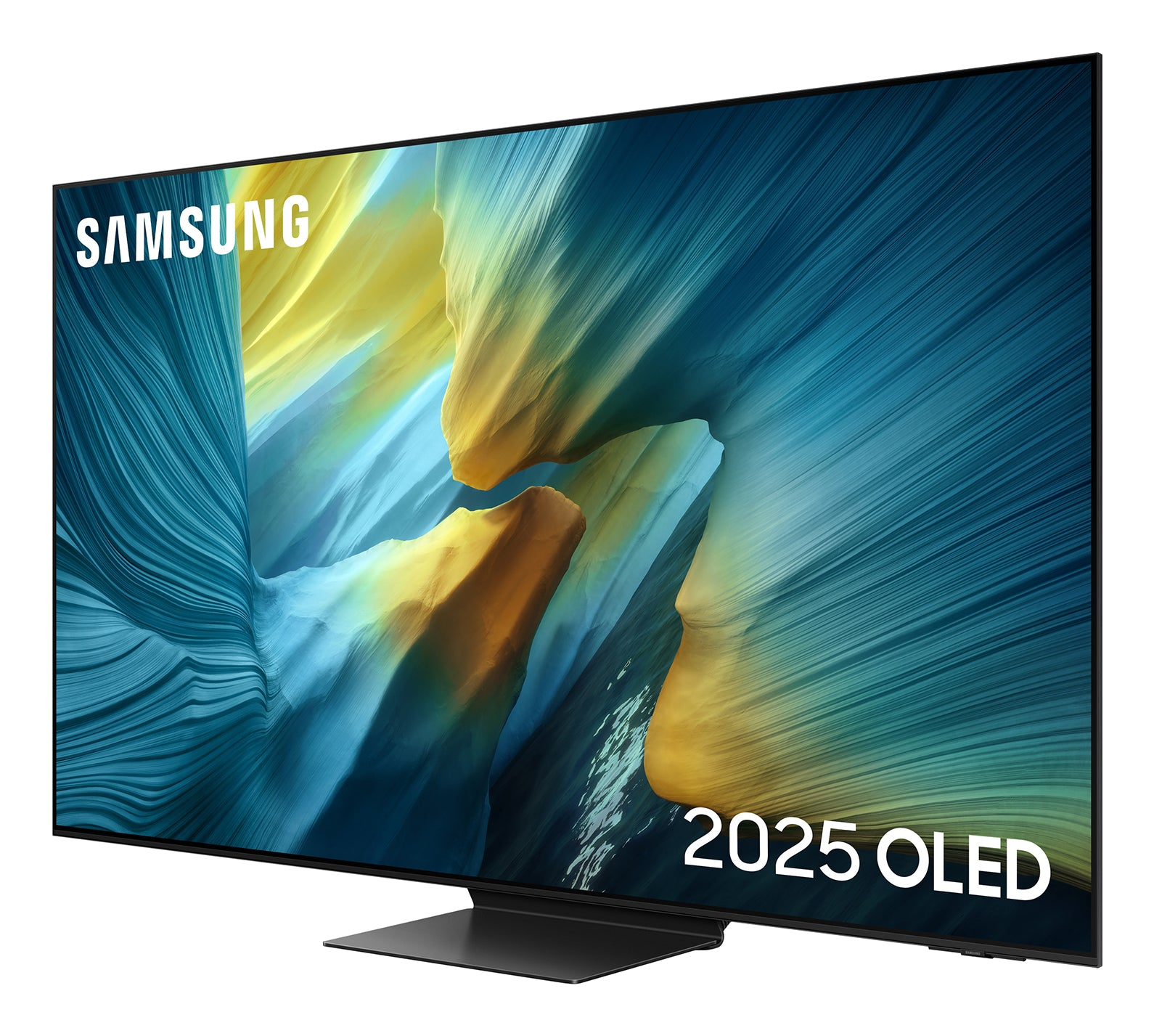 Telewizor Samsung OLED z niebiesko-żółtym abstrakcyjnym wyświetlaczem. Telewizor jest czarny, z logo Samsung i napisem '2025 OLED'.