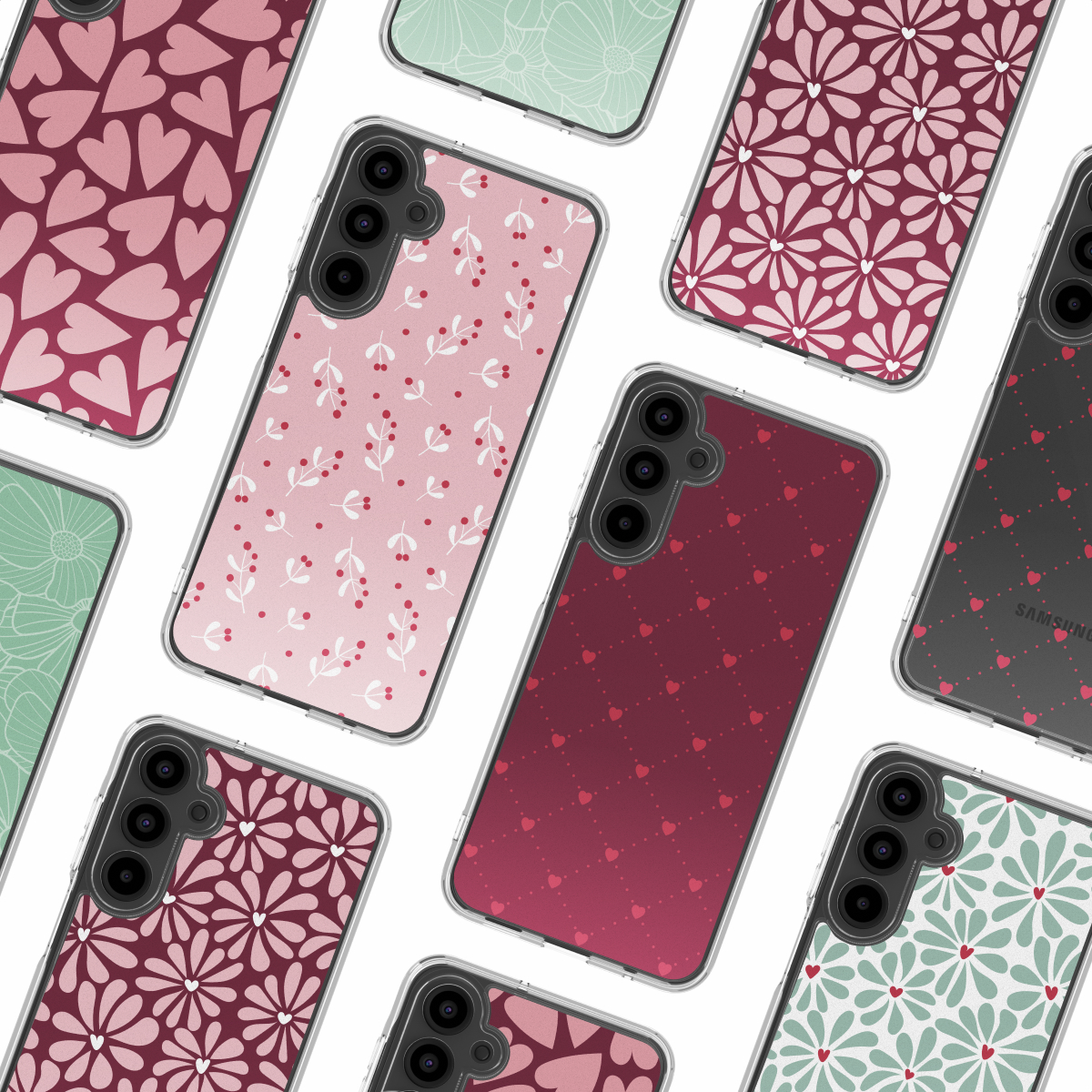Diverses coques de téléphone avec des motifs floraux, de cœurs et de feuilles. Les couleurs incluent le rose, le rouge et le vert. Certaines coques ont un logo Samsung.