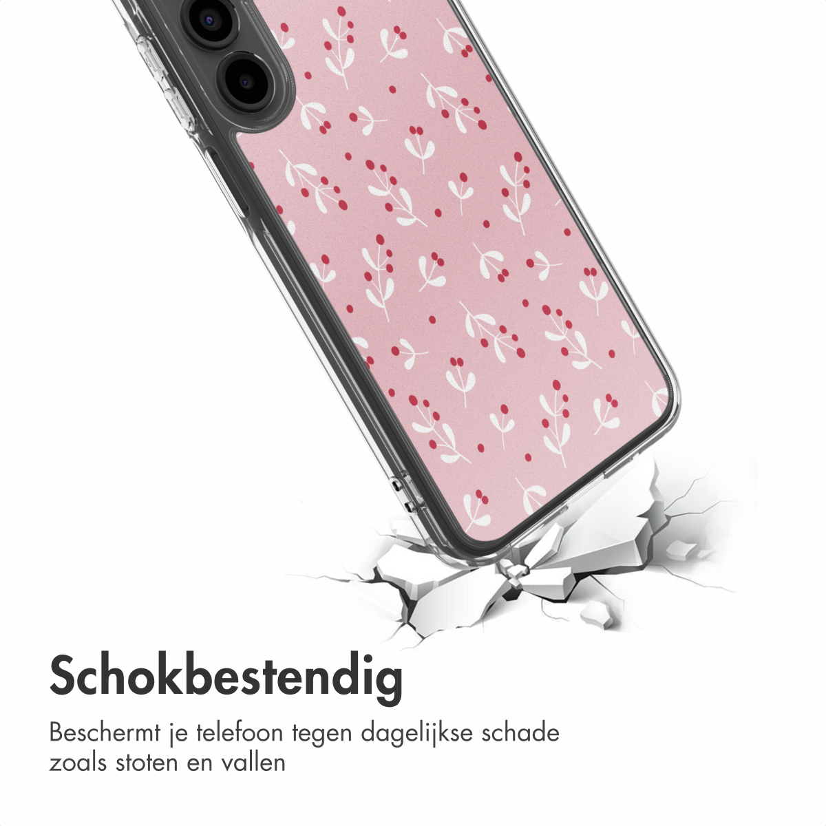 Un étui de téléphone avec un motif floral rose brise une surface. L'étui est transparent. Le texte "Schokbestendig" est en bas.