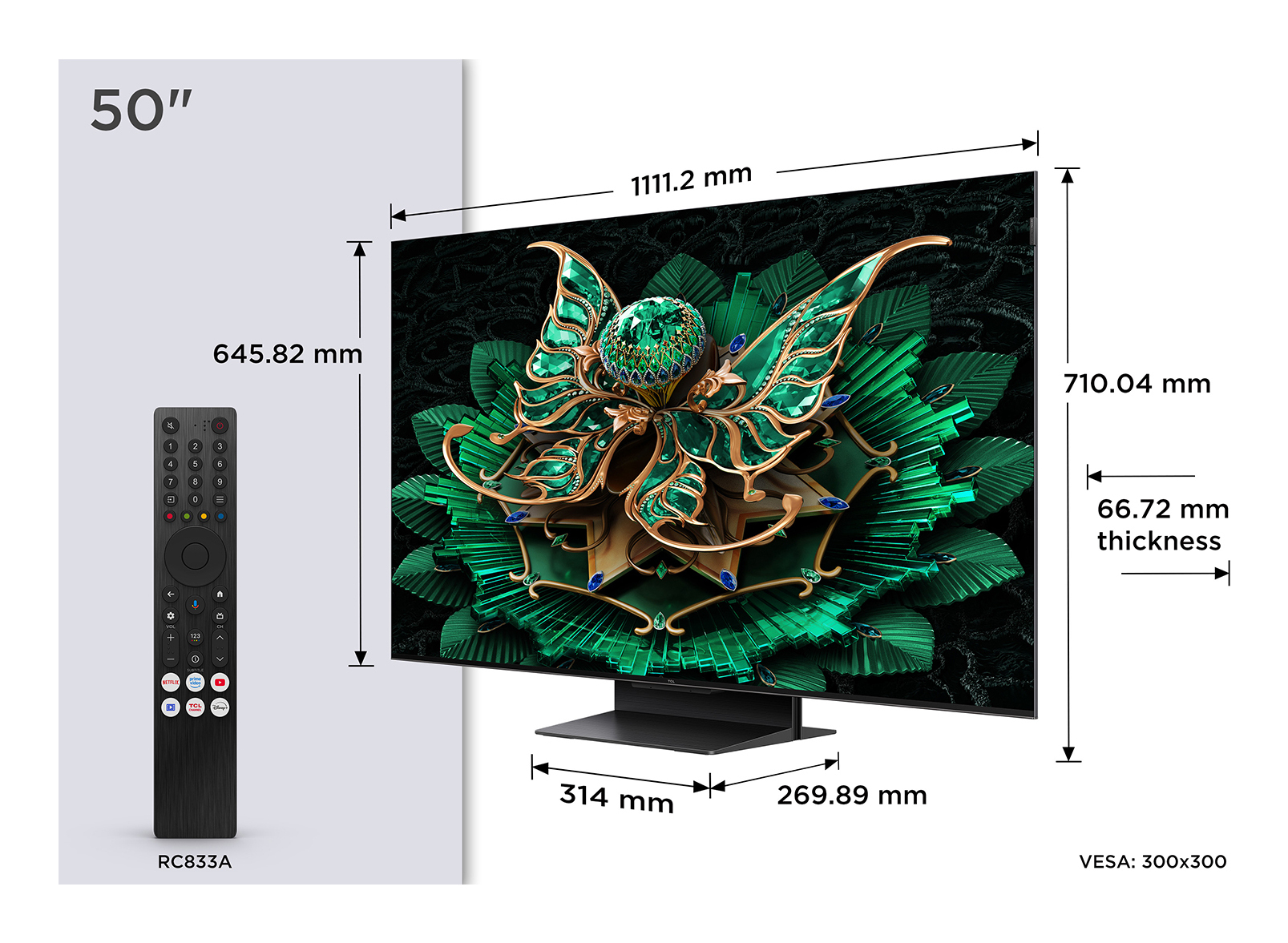 Ein 50-Zoll-Fernseher mit dekorativem Blumenbild. Abmessungen sind angegeben, zusammen mit einer Fernbedienung. VESA: 300x300.