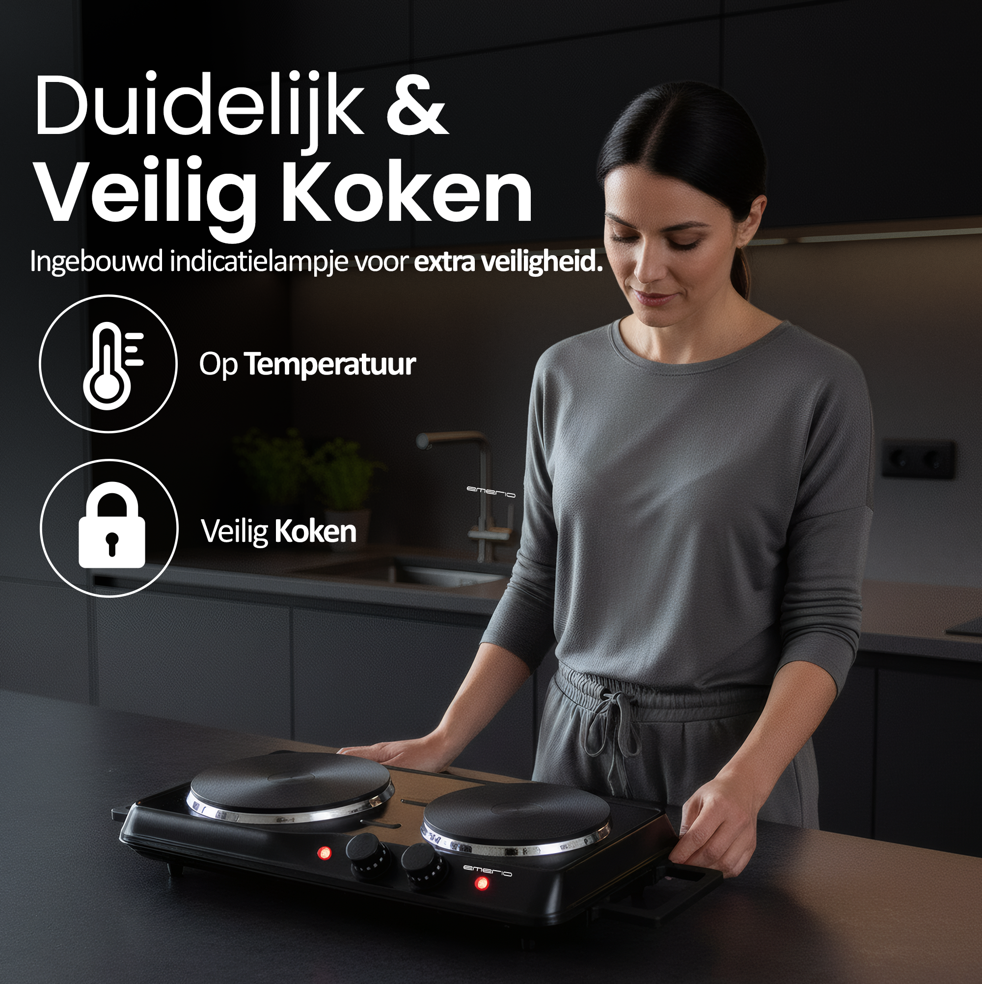 A woman in gray operates a black stovetop with red lights. Text in white reads 'Safe Cooking'.