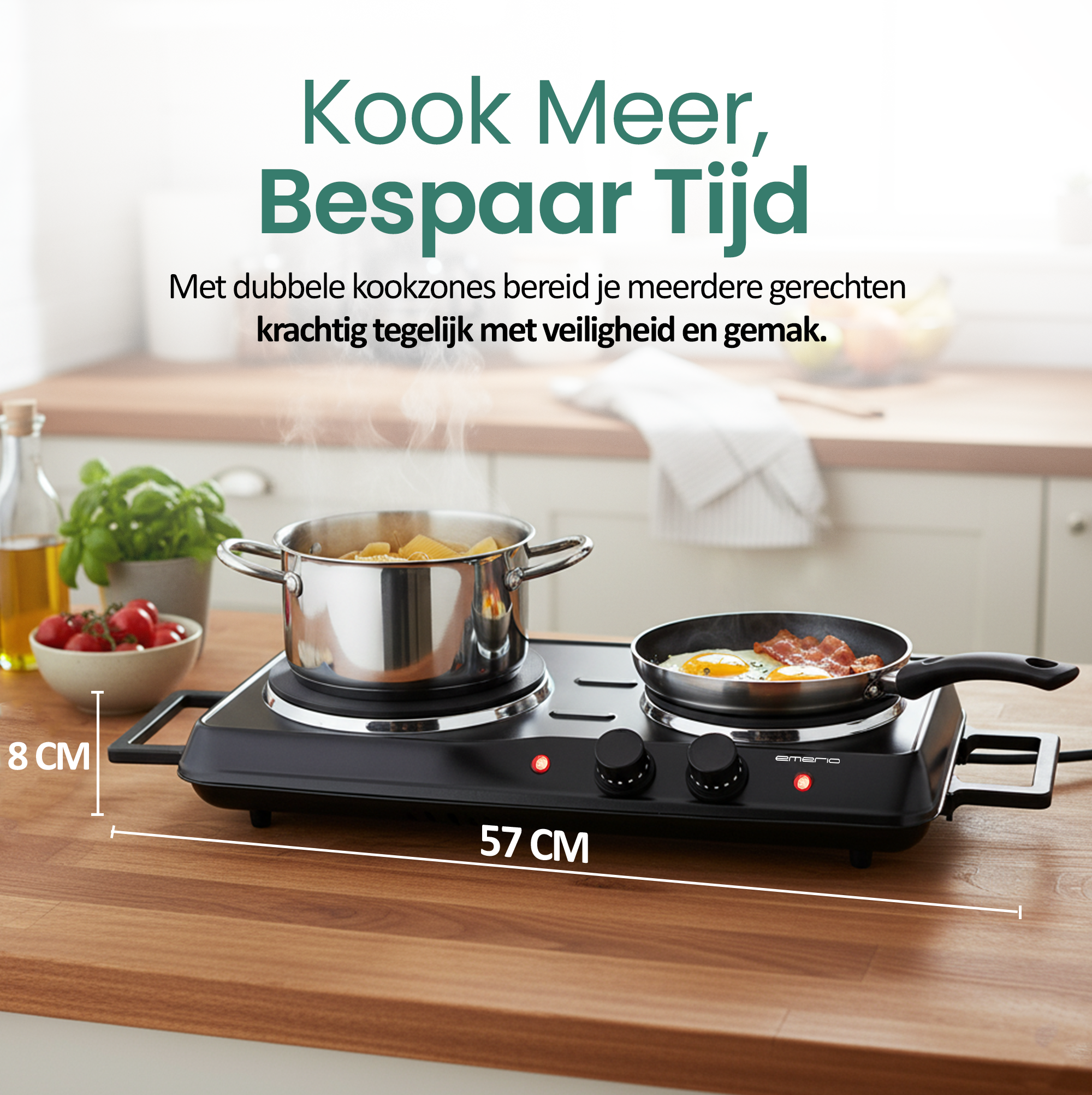 A black electric stove with a pot of pasta and a pan of eggs and bacon on a wooden countertop.