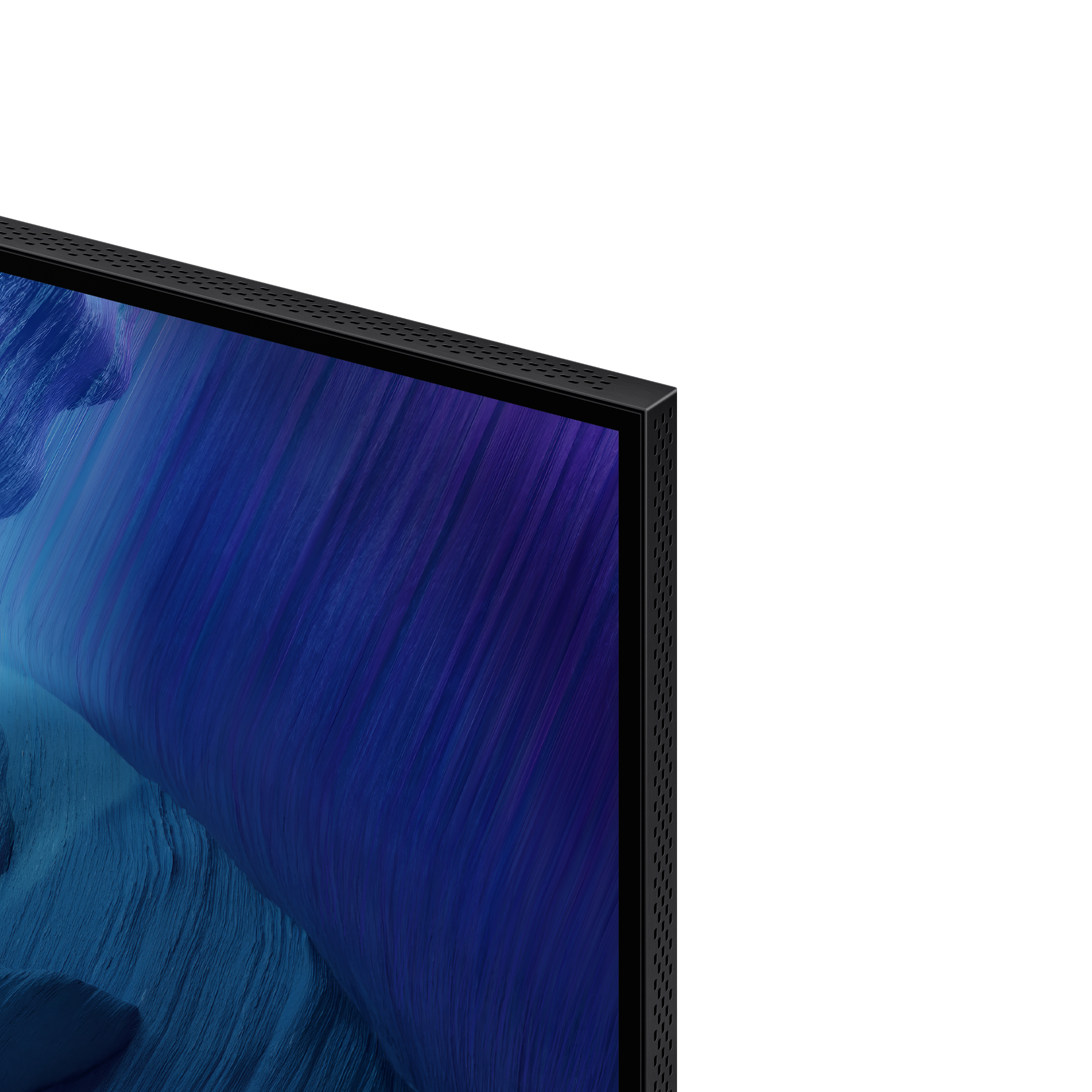 Primo piano di un angolo TV nero. Lo schermo mostra motivi astratti blu e viola. Sfondo bianco.