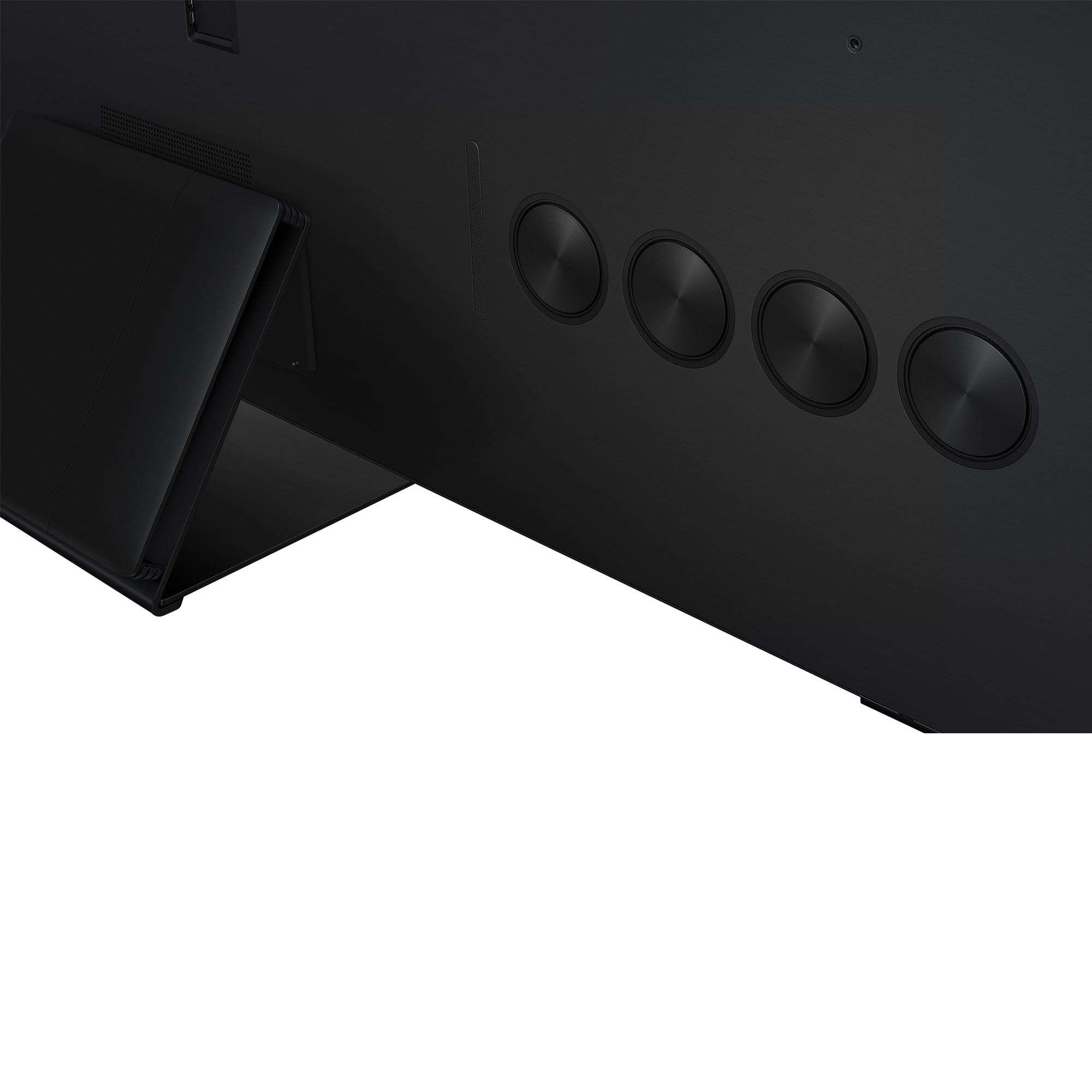 Primo piano di una TV nera. Quattro pulsanti neri sul lato sono visibili. Un supporto nero a sinistra.