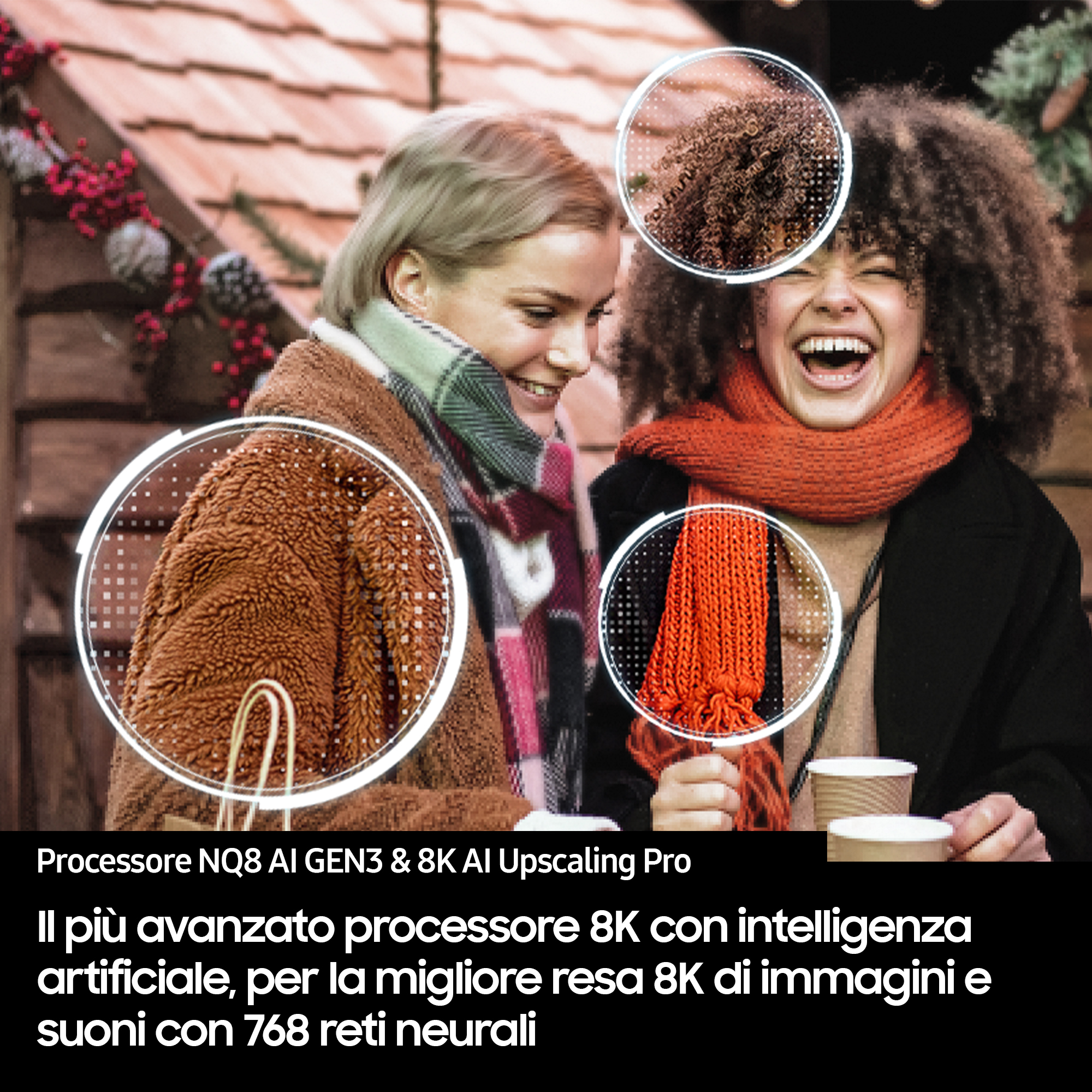 Due donne che ridono. Una ha i capelli ricci e una sciarpa arancione. L'altra ha i capelli biondi e un cappotto marrone.