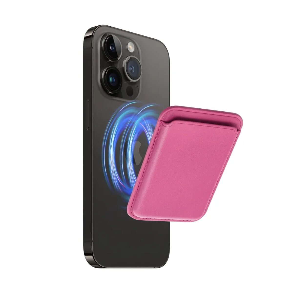 Un iPhone nero con un portafoglio rosa attaccato. Il portafoglio è in pelle e ha un attacco magnetico.