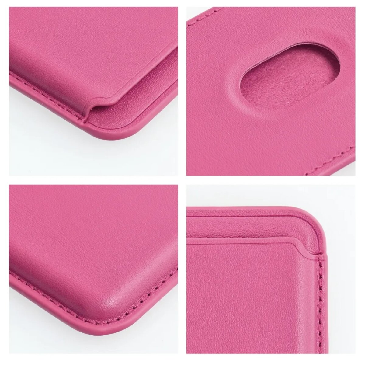 Primi piani di una custodia in pelle rosa, che mostrano dettagli come cuciture, bordi curvi e un ritaglio.