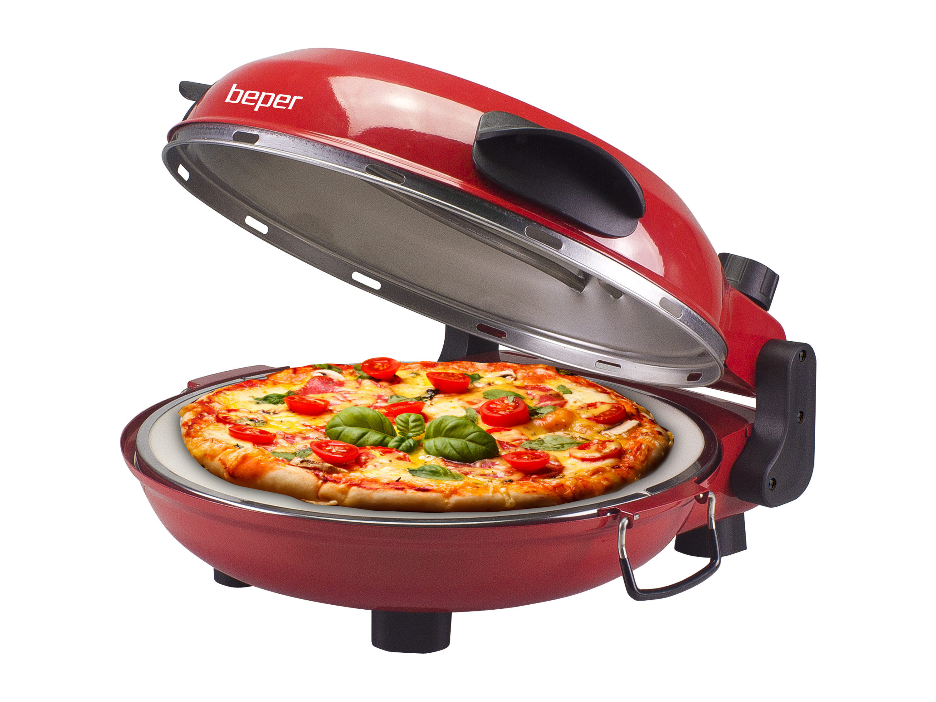 Un forno per pizza rosso con coperchio aperto. Una pizza con pomodori e basilico all'interno. Logo Beper.