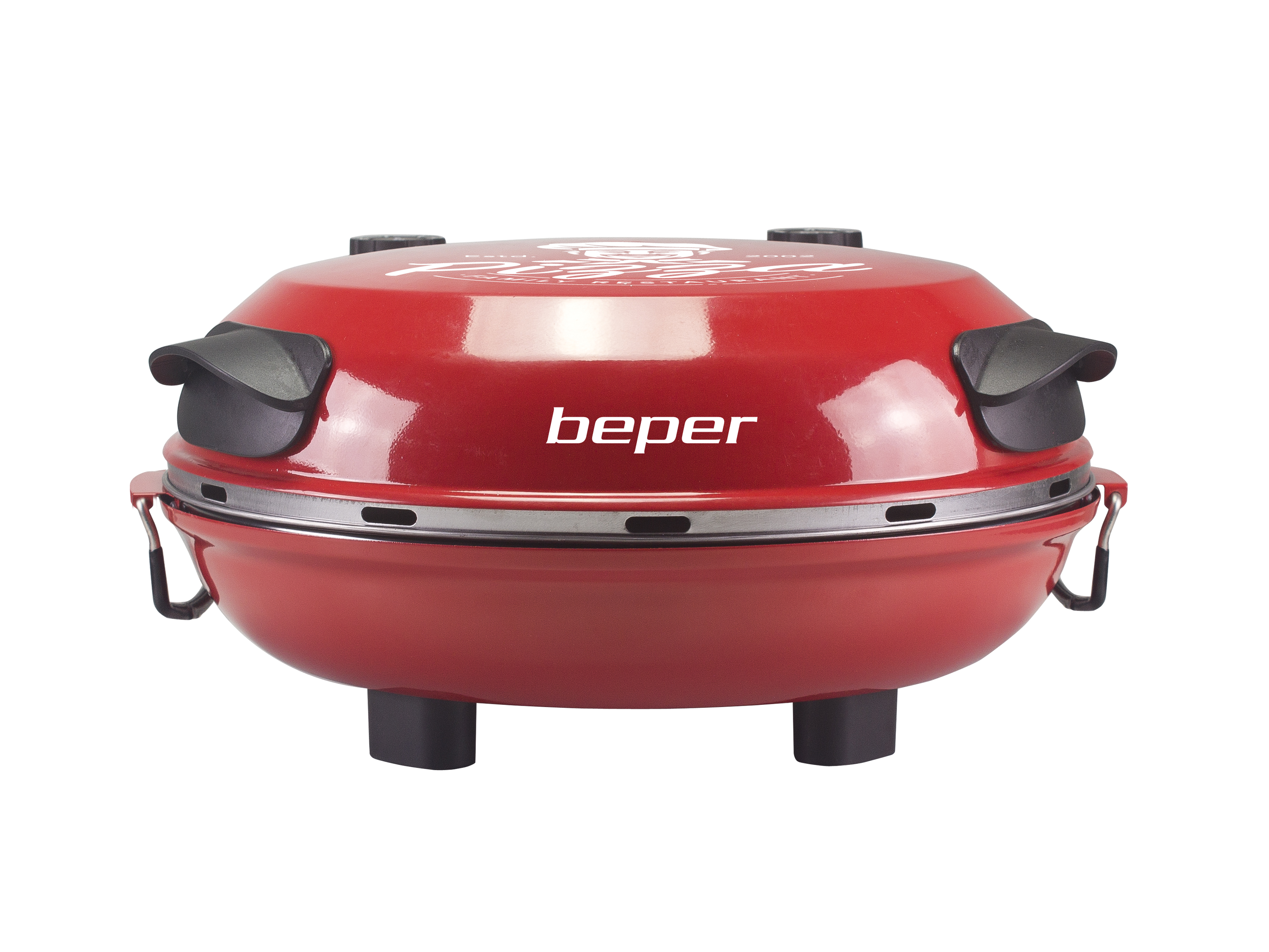 Un forno per pizza Beper rosso con maniglie e piedi neri. Ha finiture argentate e il marchio è visibile.