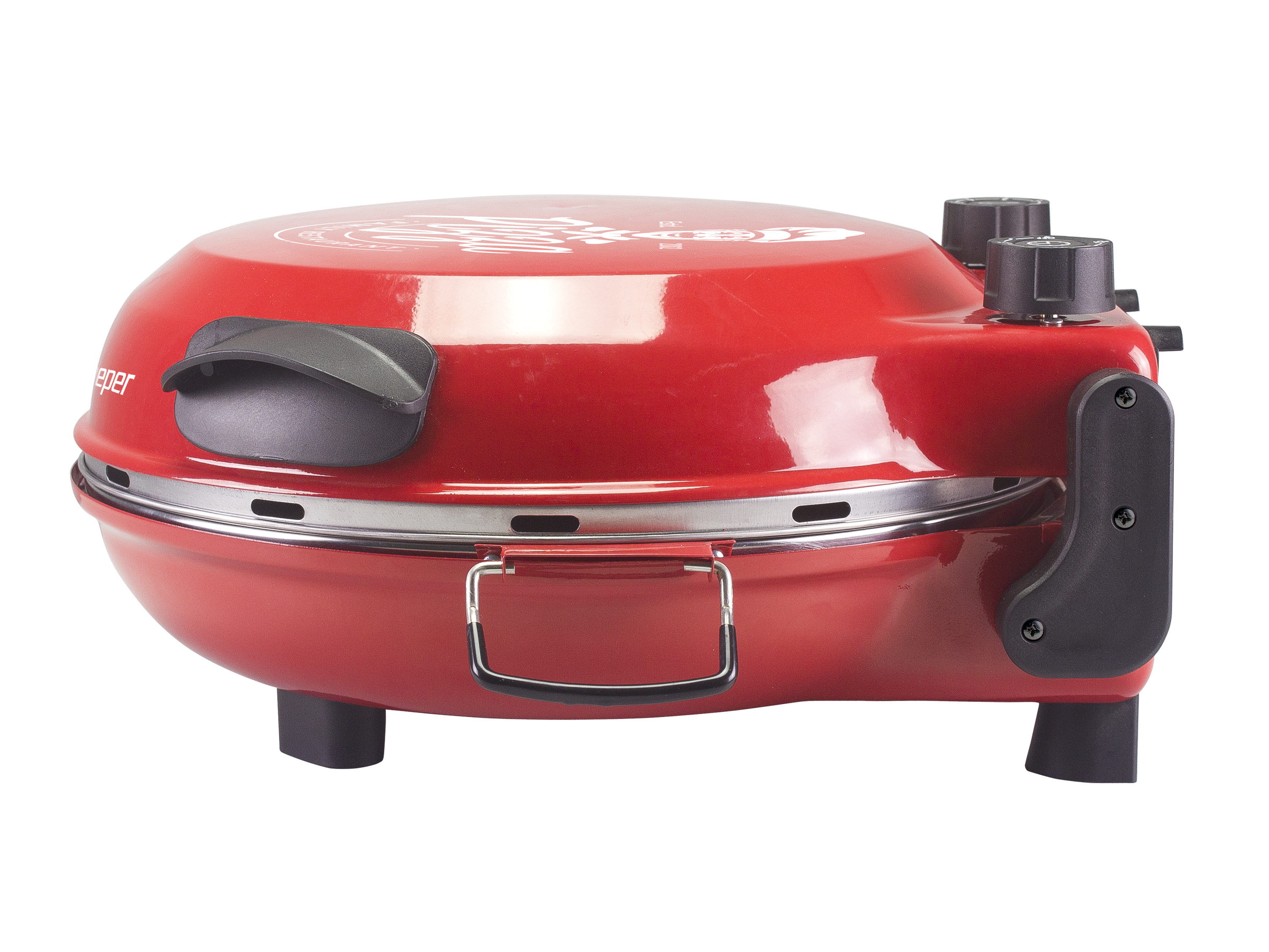 Un forno per pizza rosso su sfondo bianco. Ha maniglie e manopole nere. Il marchio è sul coperchio.