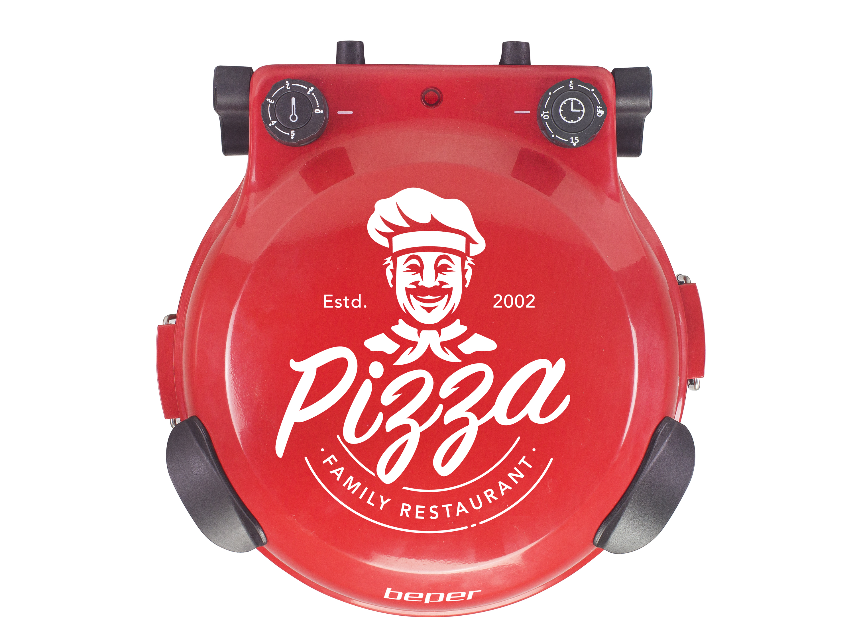 Forno per pizza rosso con maniglie e quadranti neri. Testo bianco: 'Pizza Family Restaurant' e un logo chef.