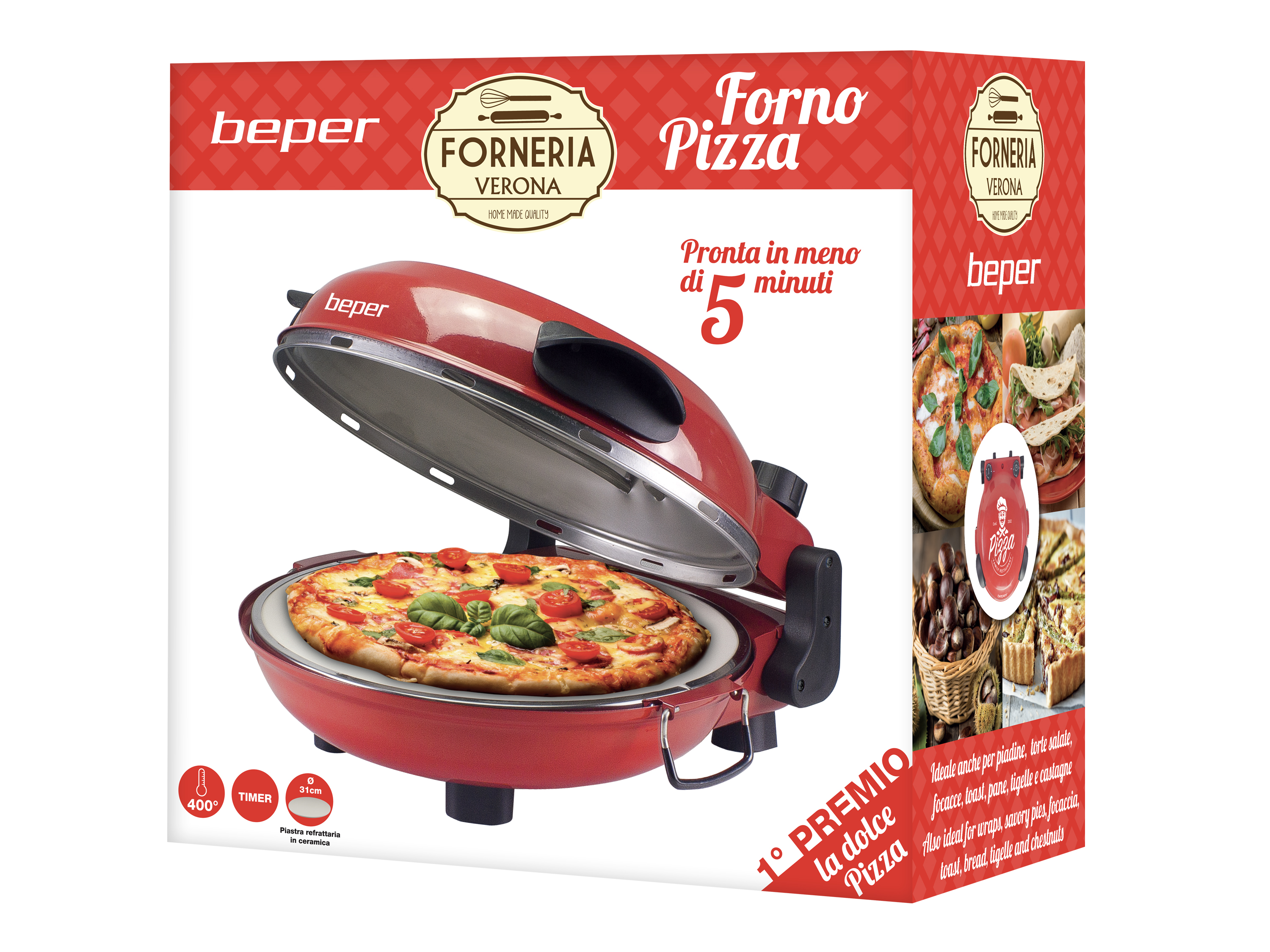 Forno per pizza rosso con coperchio aperto, pizza con pomodori e basilico, e testo sulla scatola.