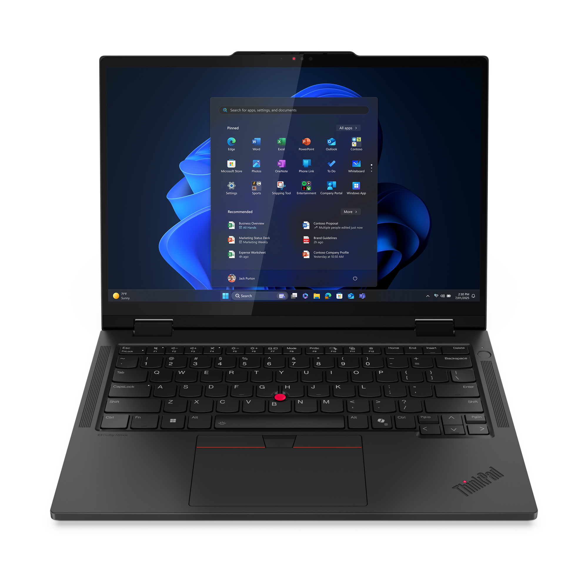 Laptop nero con schermo aperto, mostra l'interfaccia Windows. Tastiera visibile. Logo ThinkPad in basso a destra.
