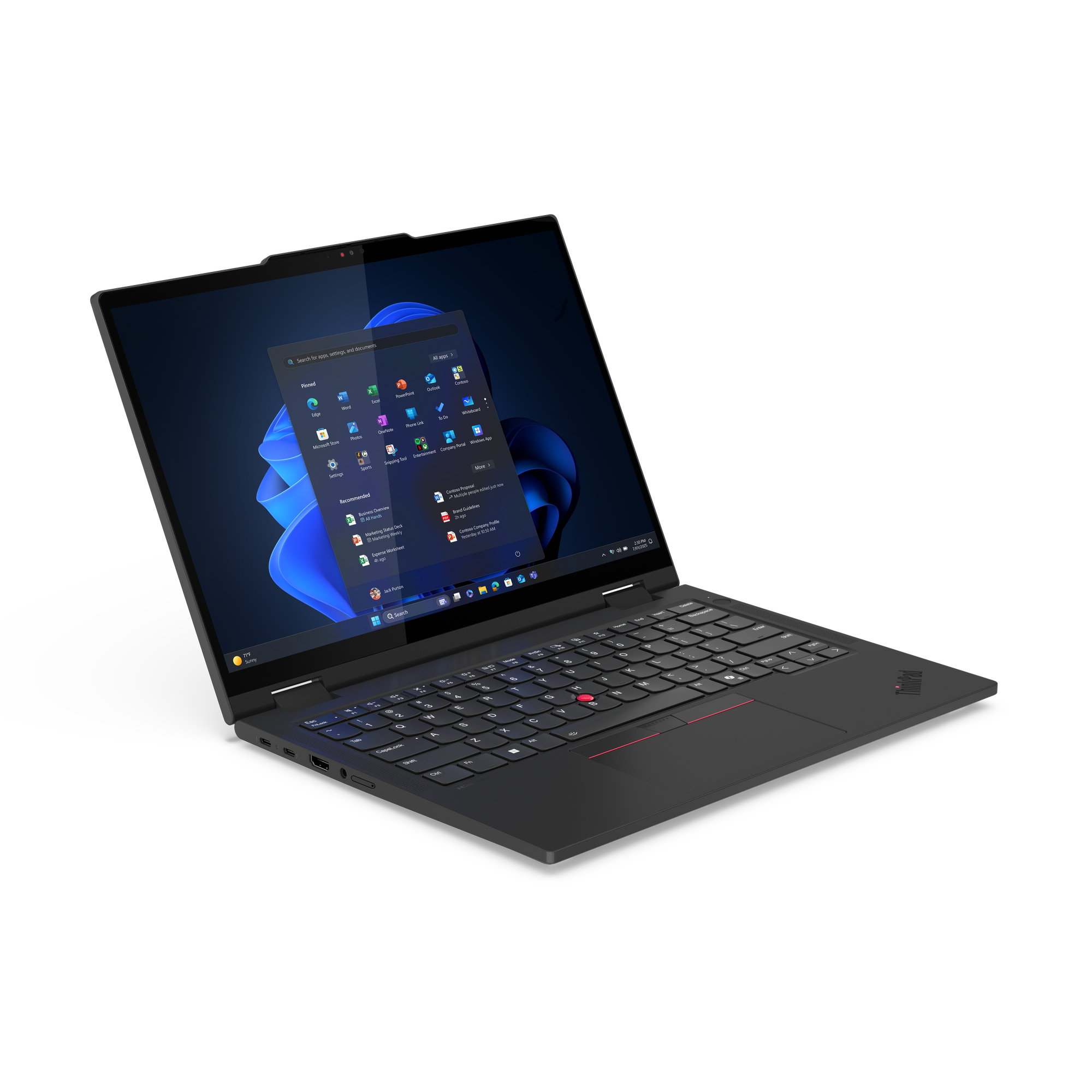 Schwarzer Laptop auf weißer Oberfläche. Der Bildschirm zeigt das Windows-Startmenü. Die Tastatur steht im Fokus.