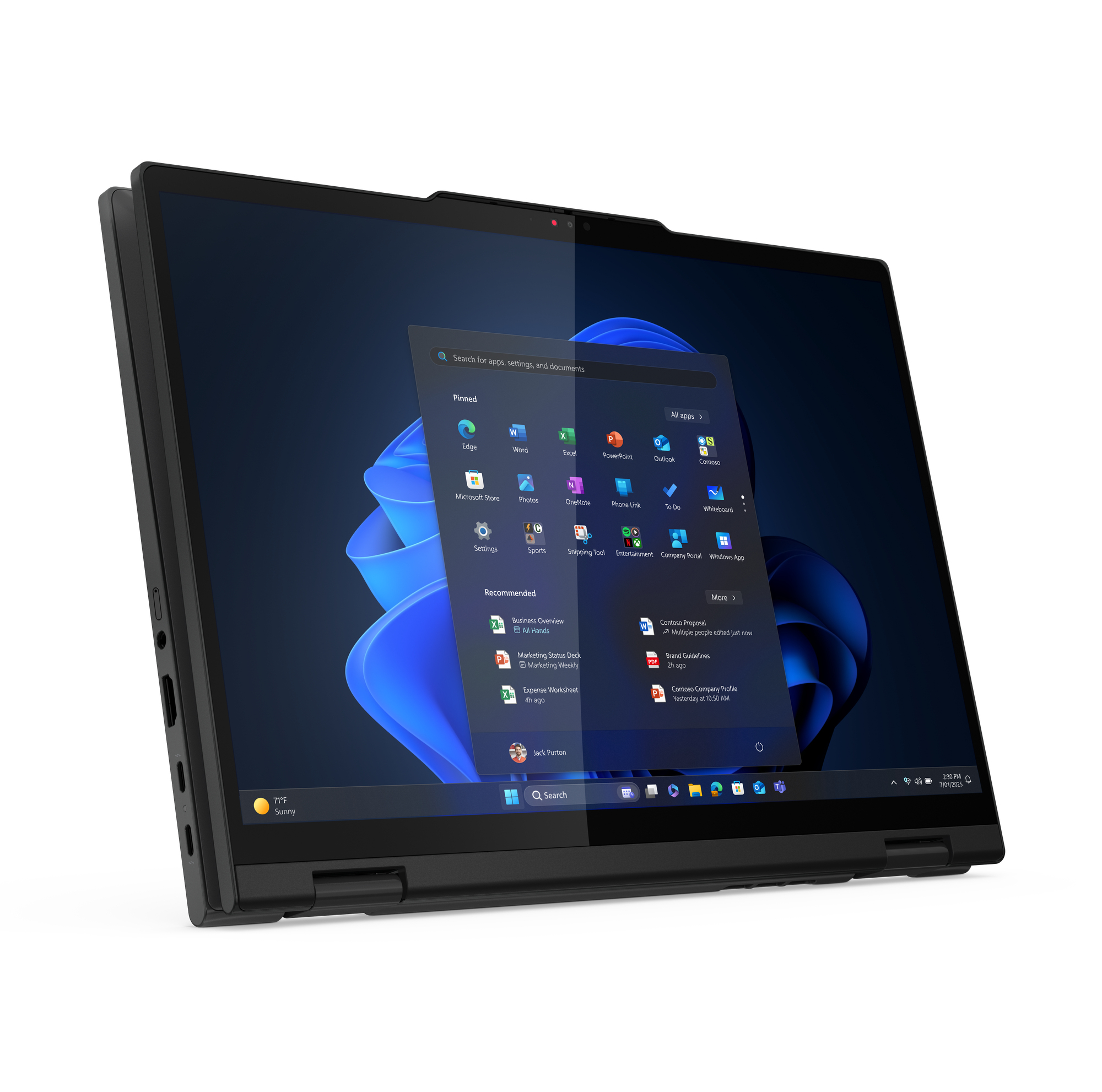 Schwarzer Laptop mit Windows 11-Oberfläche. Der Bildschirm zeigt App-Symbole und eine Suchleiste. Der Laptop steht auf weißem Untergrund.