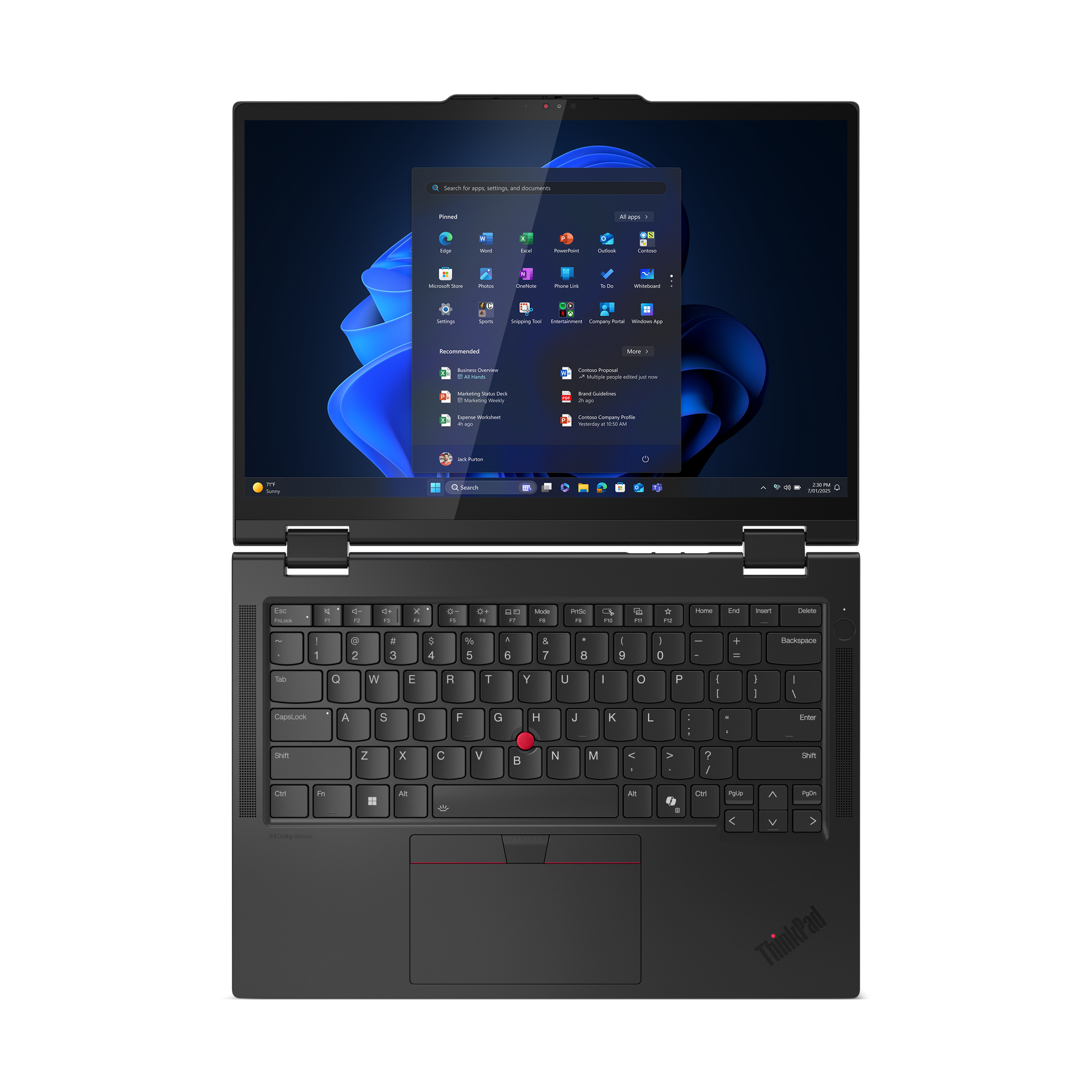 Laptop nero con schermo aperto, che mostra l'interfaccia Windows. Tastiera visibile. Sono presenti touchpad e logo ThinkPad.