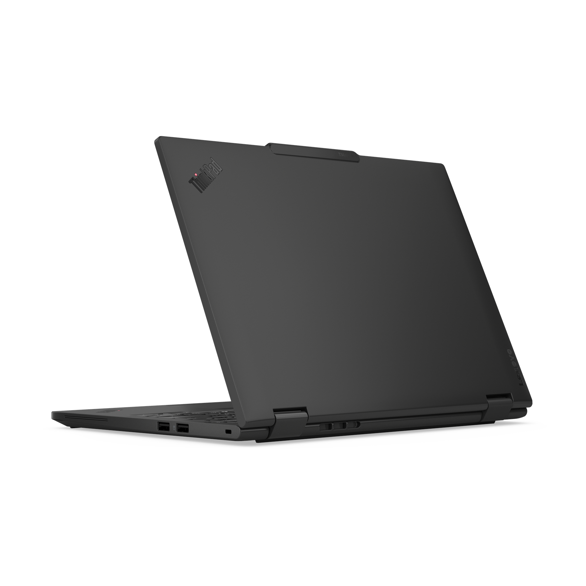 Laptop ThinkPad nero, parzialmente aperto. Lo schermo è angolato, mostrando il logo ThinkPad. Sfondo bianco.