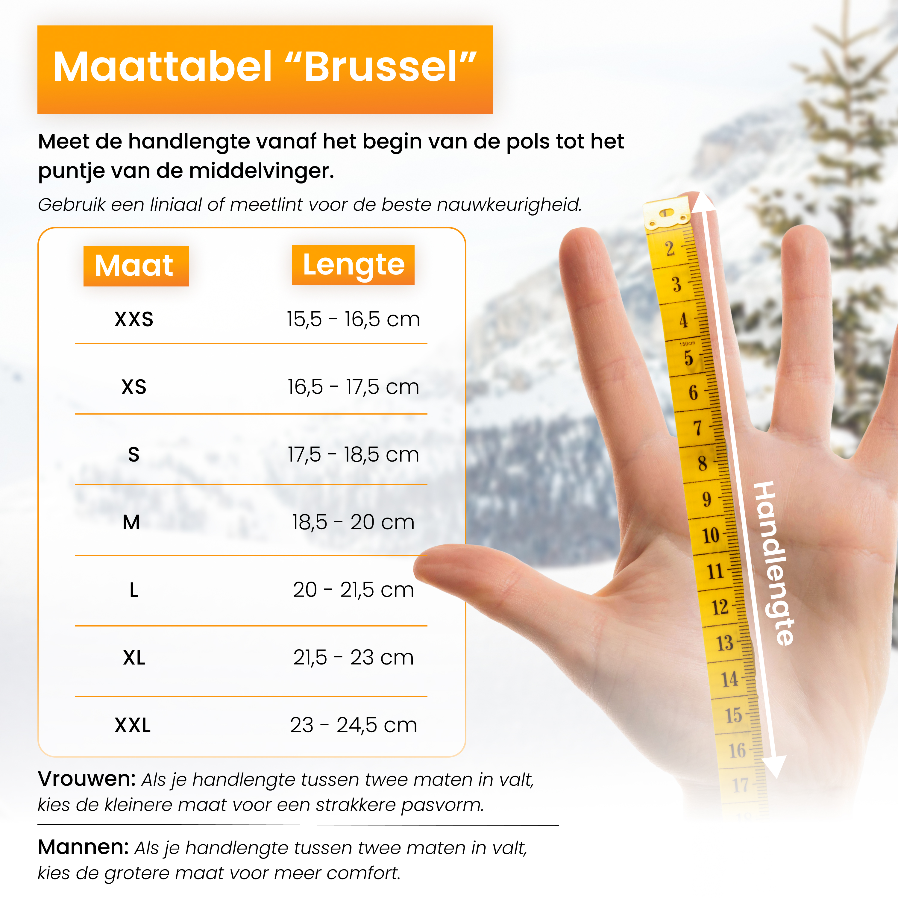 A hand is measured with a yellow measuring tape. A table shows hand size and length, with text in Dutch.