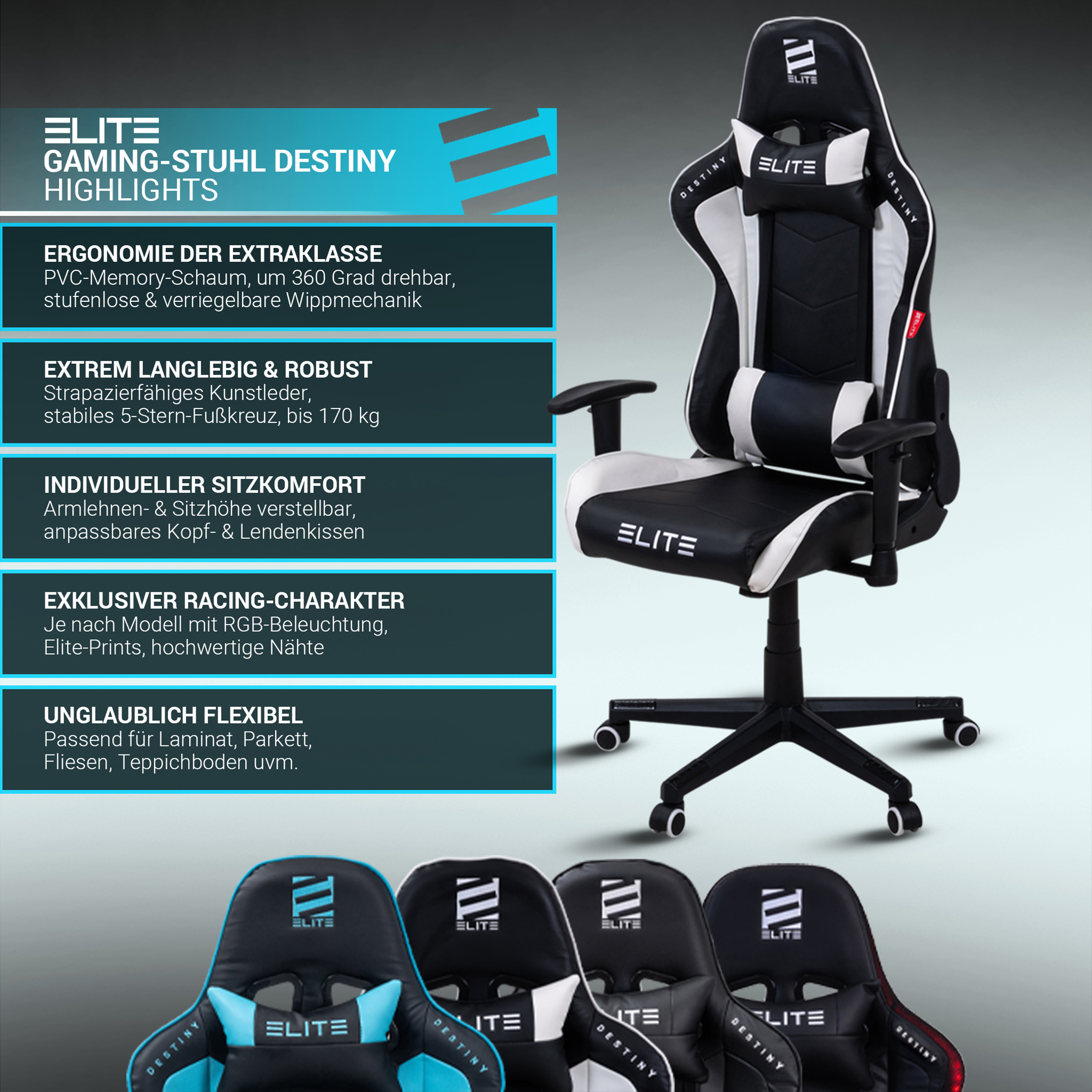 Gaming-Stuhl mit schwarz-weißem Design. Merkmale umfassen verstellbare Armlehnen, Kopf- und Lendenstütze. Mehrere Stühle werden gezeigt.