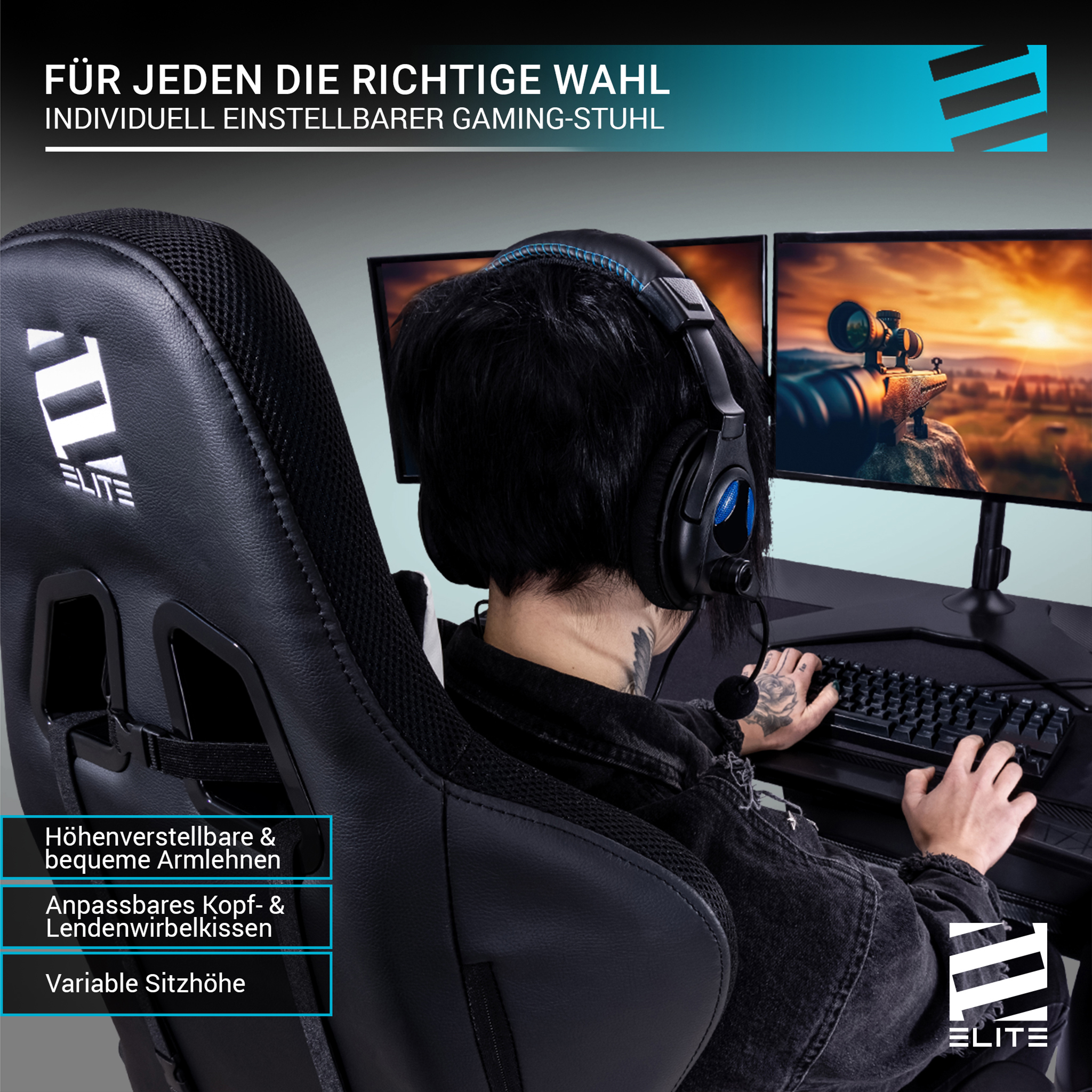 Eine Person mit Headset sitzt in einem Gaming-Stuhl und benutzt eine Tastatur. Auf zwei Monitoren ist ein Spiel zu sehen.