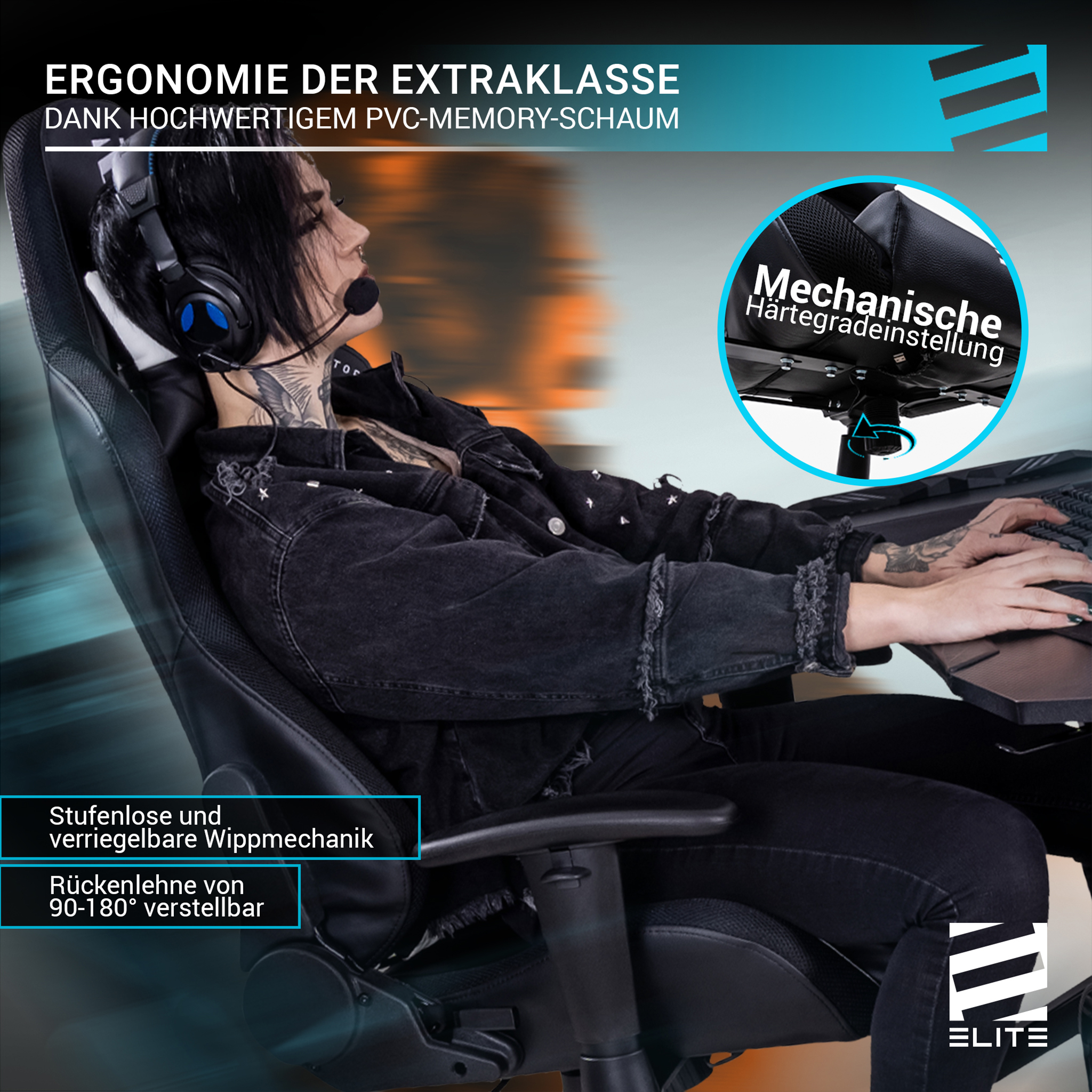 Eine Person mit Headset sitzt in einem schwarzen Gaming-Stuhl. Der Stuhl hat verstellbare Einstellungen.