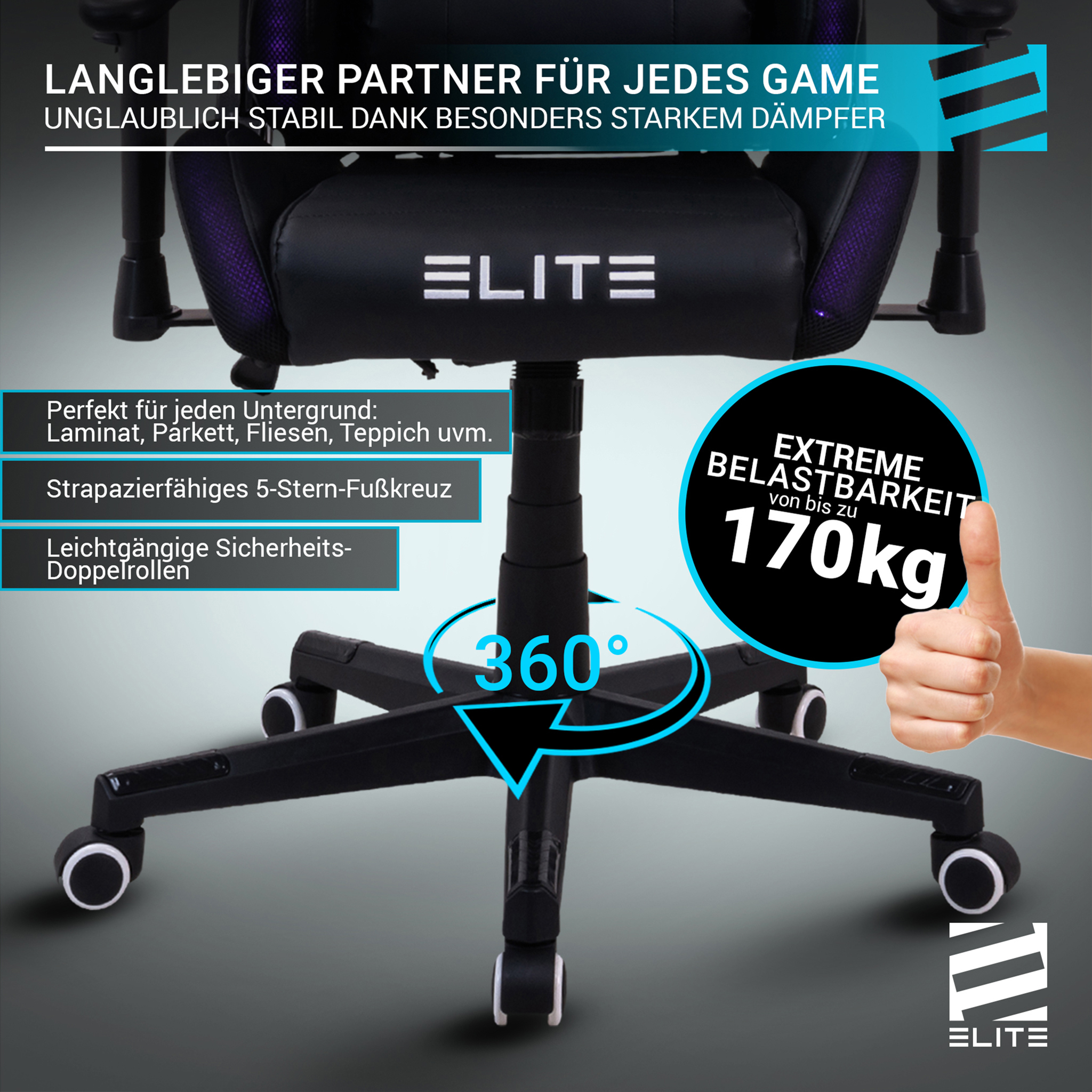 Gaming-Stuhl mit Text und Logo. Zeigt den Stuhl, einen Daumen hoch und Infos über seine Eigenschaften und Tragfähigkeit.