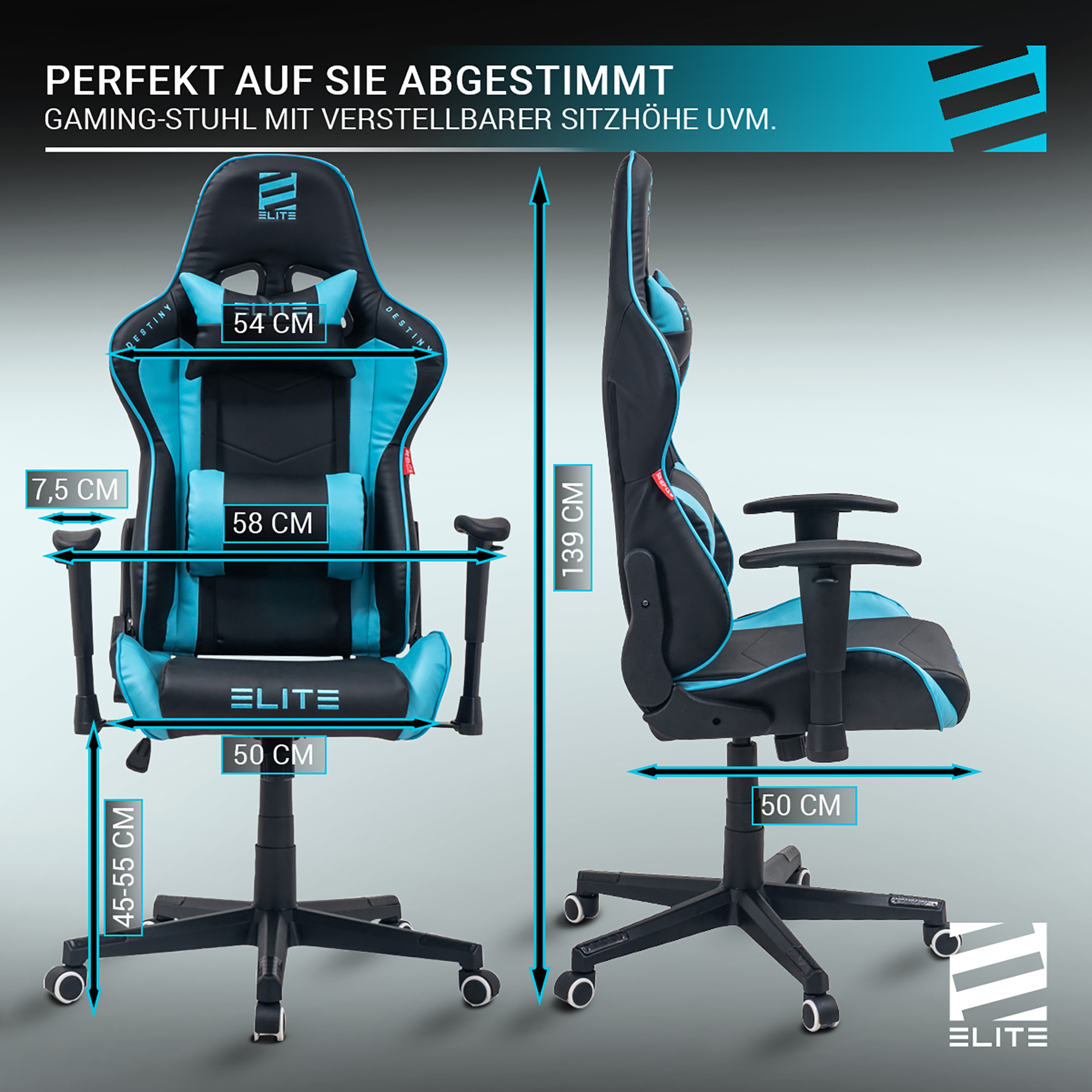 Gaming-Stuhl in Schwarz und Blau, mit Maßangaben. Enthält Höhen- und Breitenangaben für verschiedene Teile.