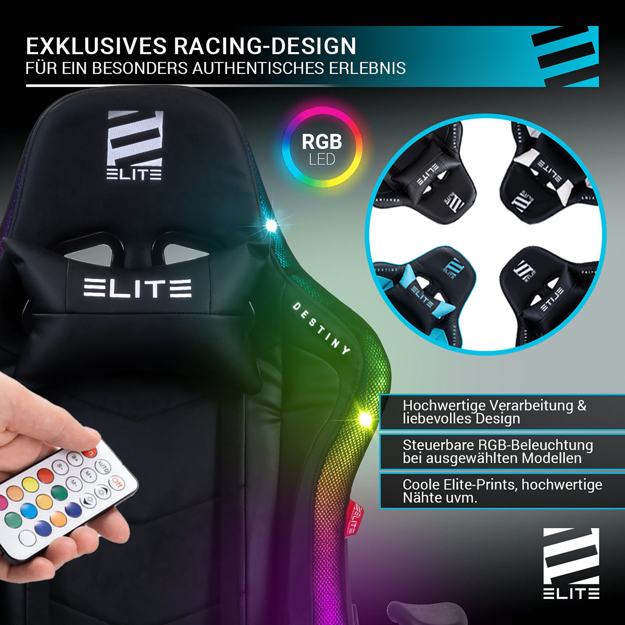 Ein Gaming-Stuhl mit RGB-Beleuchtung und Fernbedienung. Enthält Nahaufnahmen des Designs und der Marke.