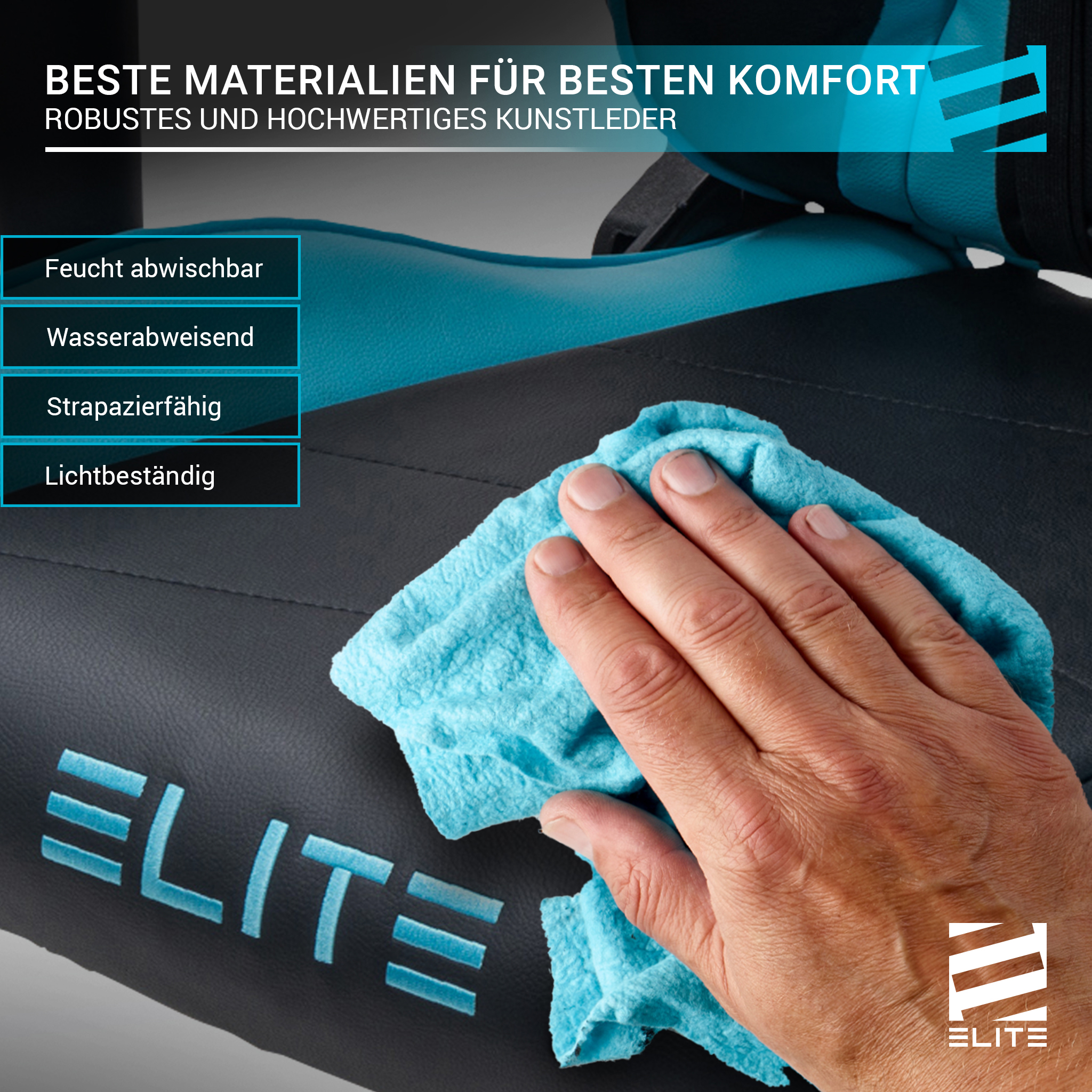 Eine Hand wischt eine dunkle Oberfläche mit einem blauen Tuch ab. Text: BESTE MATERIALIEN FUR BESTEN KOMFORT und ELITE.