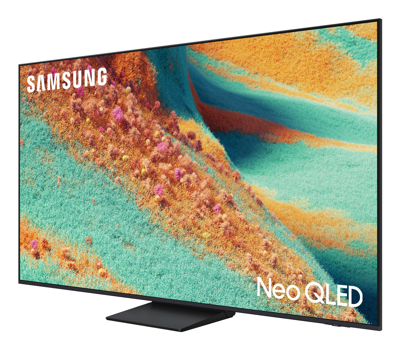 TV Samsung Neo QLED. Lo schermo mostra arte astratta con tonalità arancioni, verde acqua e rosa. Cornice e supporto neri su sfondo bianco.